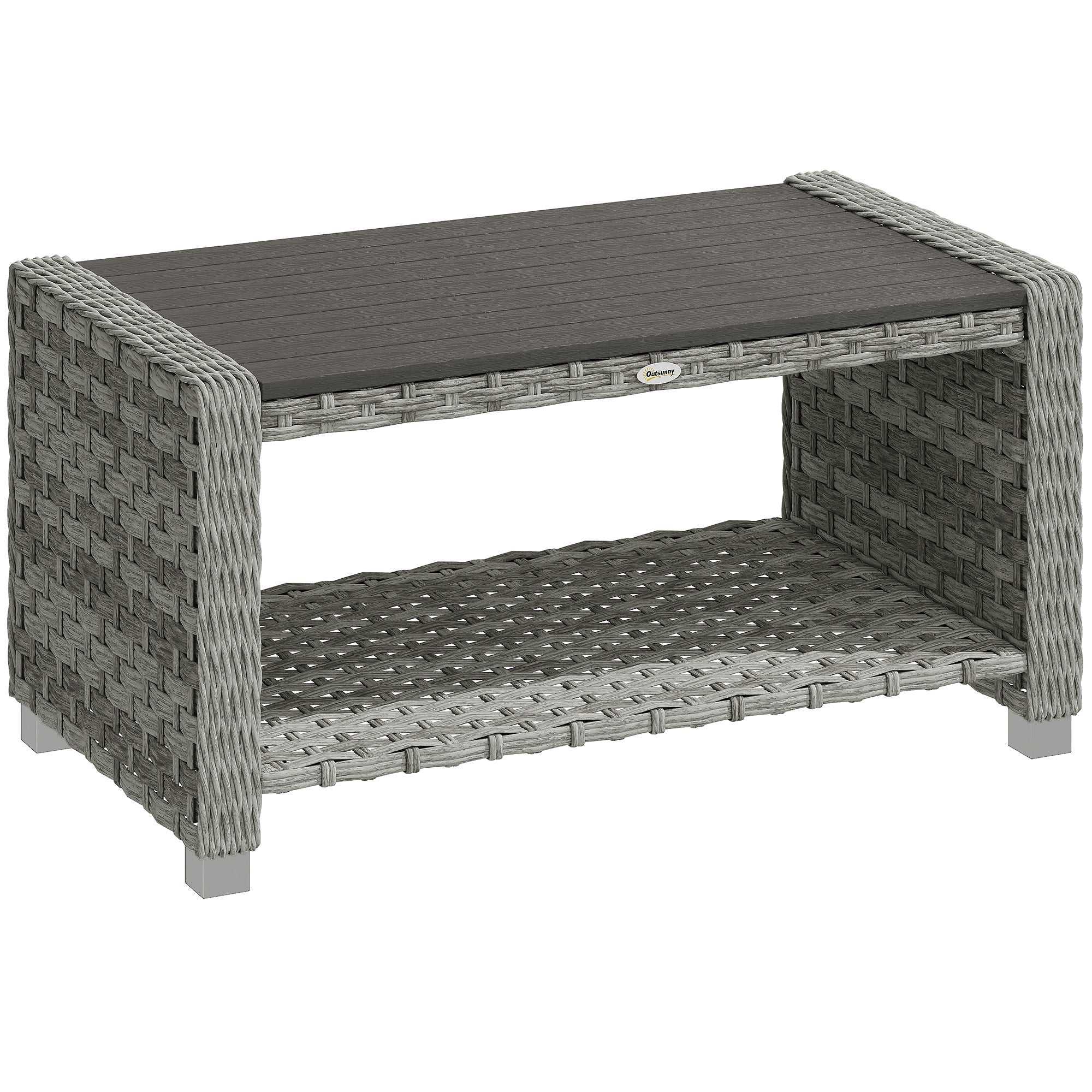 Outsunny Outdoor Side Table with 2-tier Storage Rattan End Table for Patio 90 cm Grey