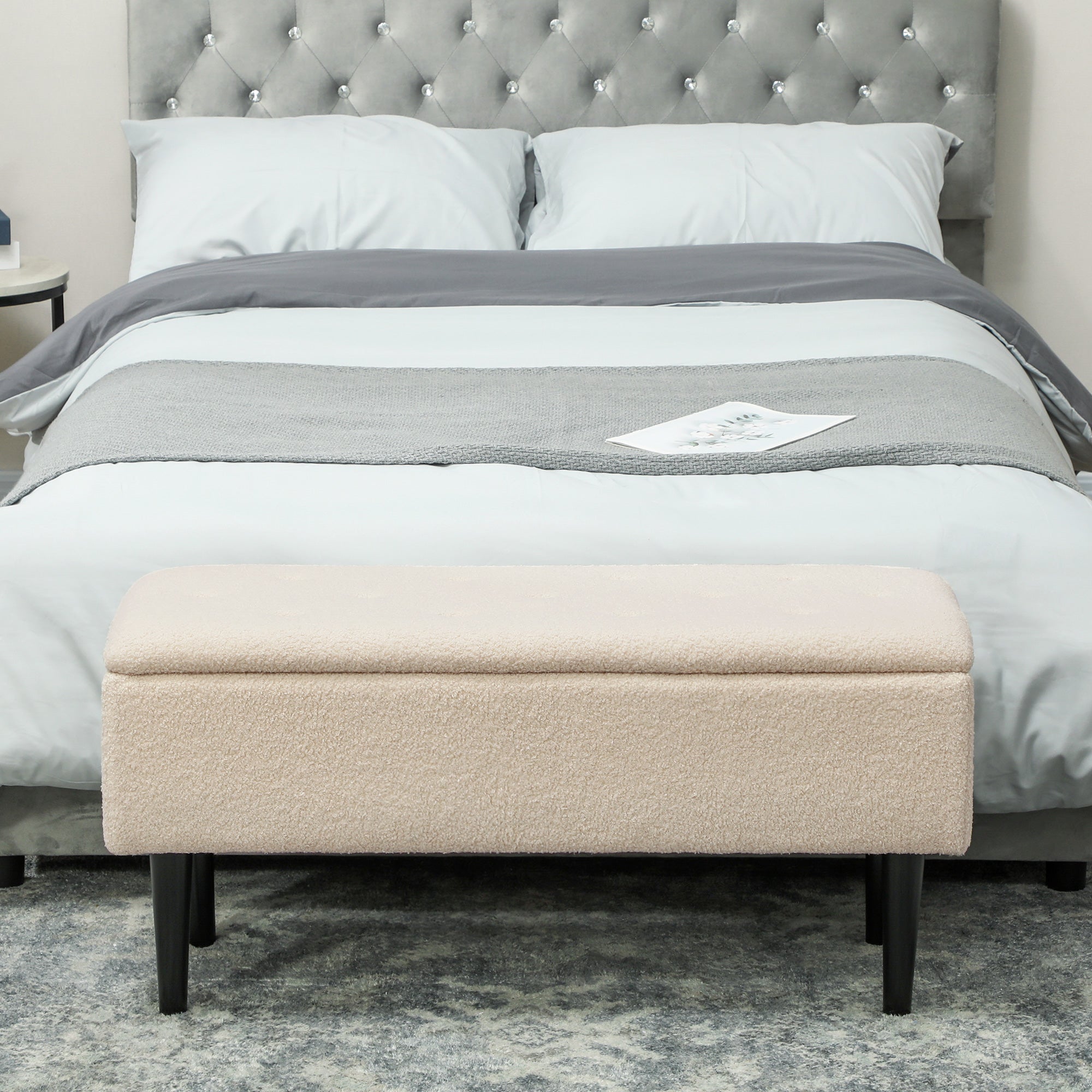 HOMCOM 47L Teddy Fleece Storage Ottoman - Cream