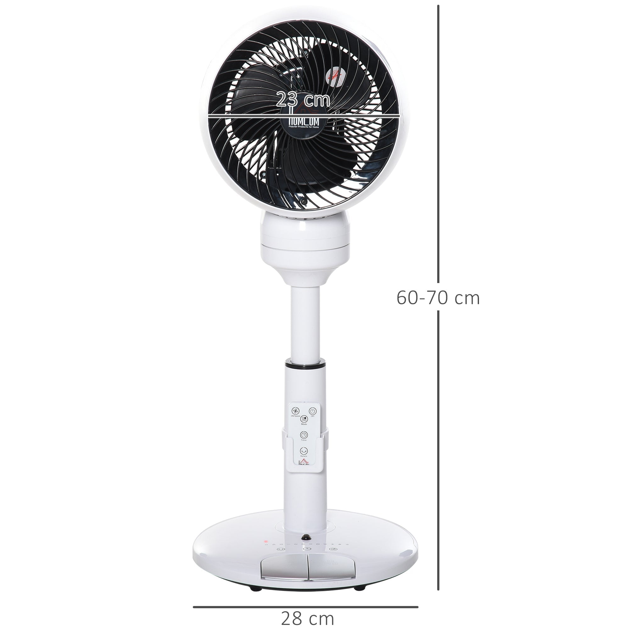 HOMCOM 9'' Air Circulator Fan 3 Speed 3 Mode, 70 degrees Oscillation 90 degrees Vertical Tilt, Height Adjustable, Remote Controller, for Living Room, Bedroom, Office, Black and White