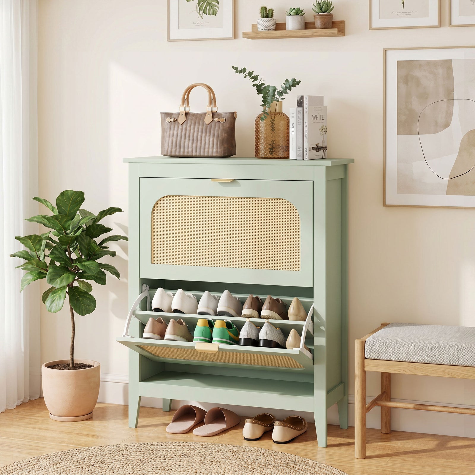 HOMCOM Narrow Shoe Cabinet, Boho Slim Shoe Storage Cabinet with 2 Flip Drawers, Holds 14 Pairs, Light Green