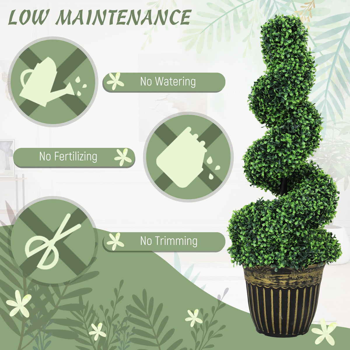 HOMCOM Set of 2 Artificial Plants, Topiary Spiral Boxwood Trees with Pot, for Home Indoor Outdoor Decor, 90cm
