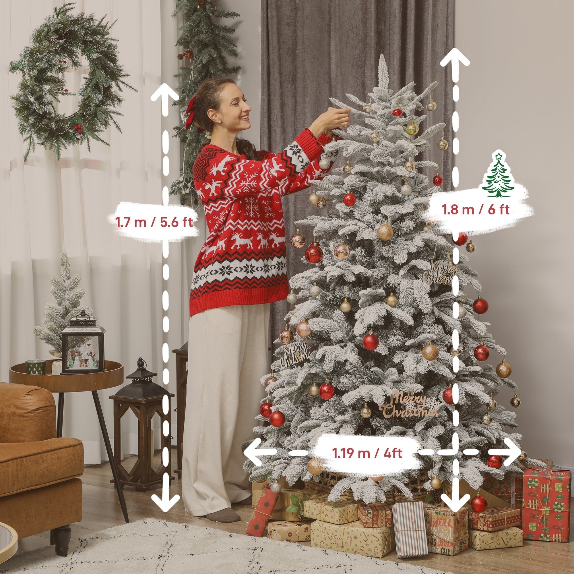 HOMCOM 6 ft Artificial Flocked Christmas Tree with 1182 Branches, Hinged Xmas Tree with Foldable Metal Stand, Easy Assembly for Home Office Decor