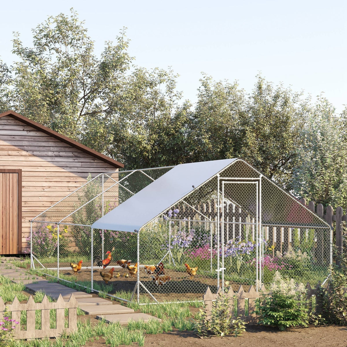 PawHut Large Hen Coop, Galvanised Walk In Chicken Run with Cover, 6 x 3 x 2m, Silver
