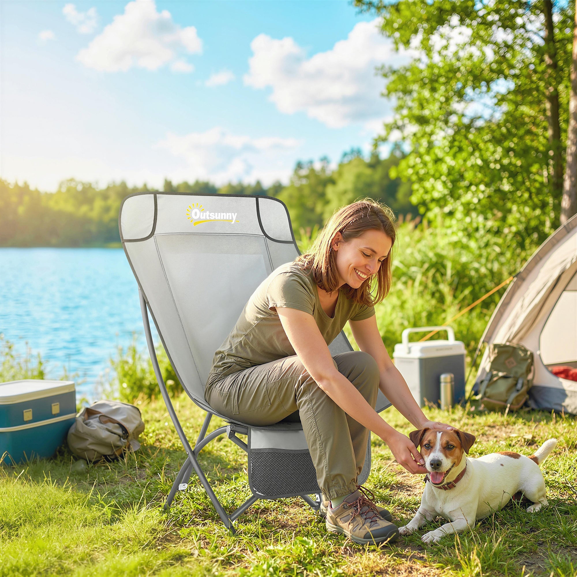 Outsunny Camping Chair for Adults Heavy Duty Folding Camp Chair with Side Pocket and Carry Bag Light Grey