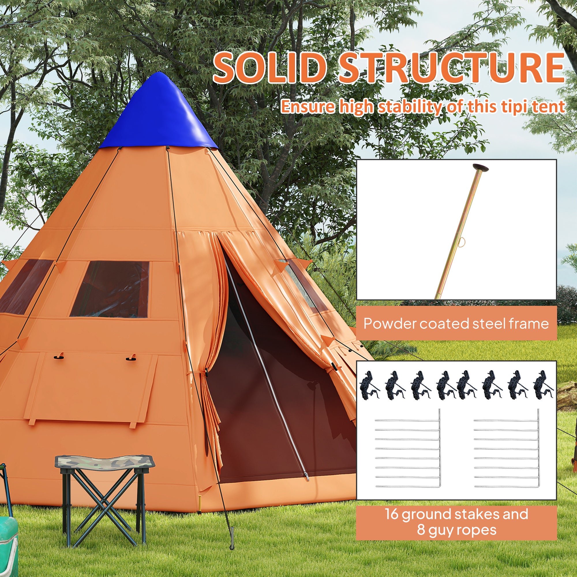 Outsunny 6 Men Tipi Tent with Carry Bag - Orange