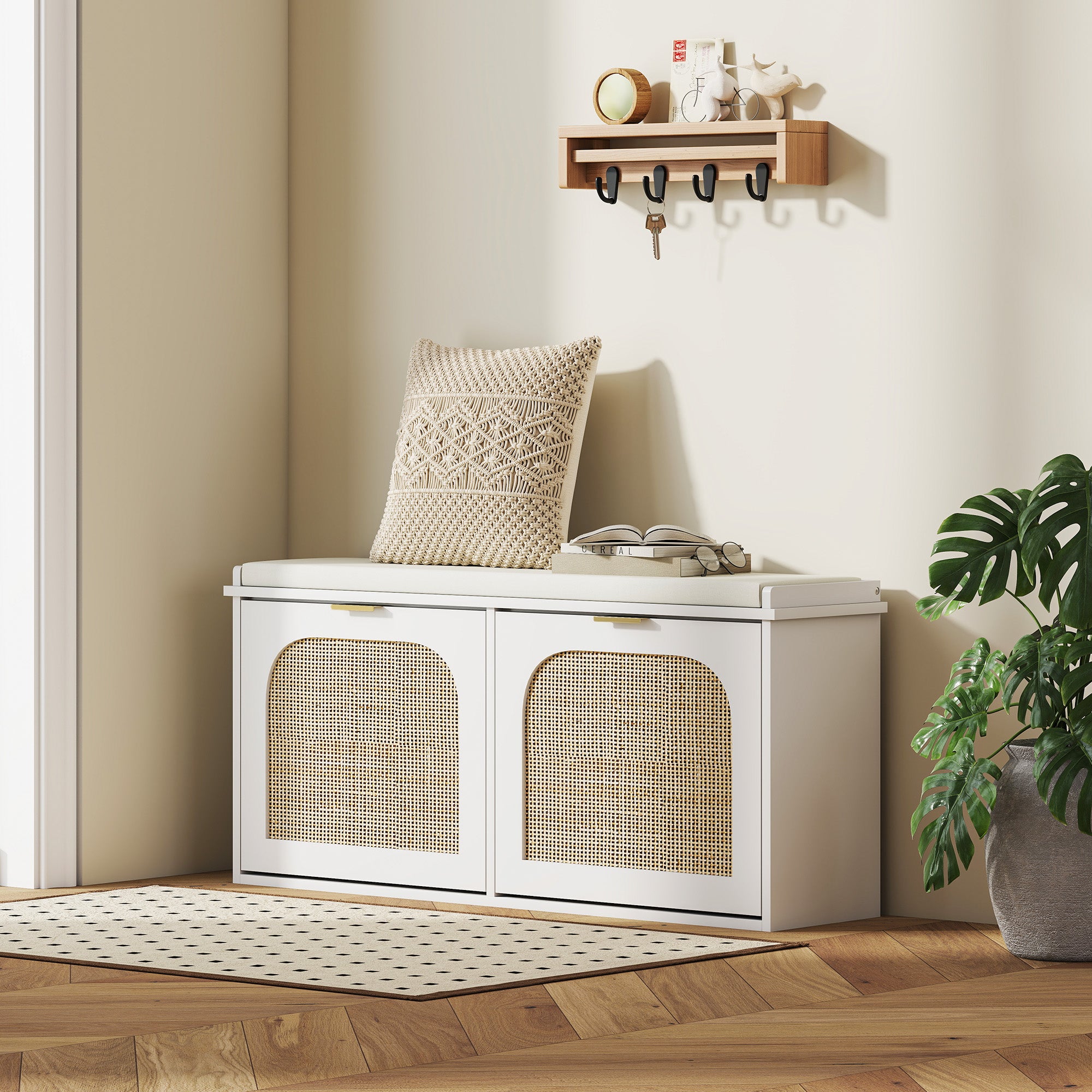 HOMCOM Boho Shoe Bench with Padded Seat and 2 Flip-Drawers - White