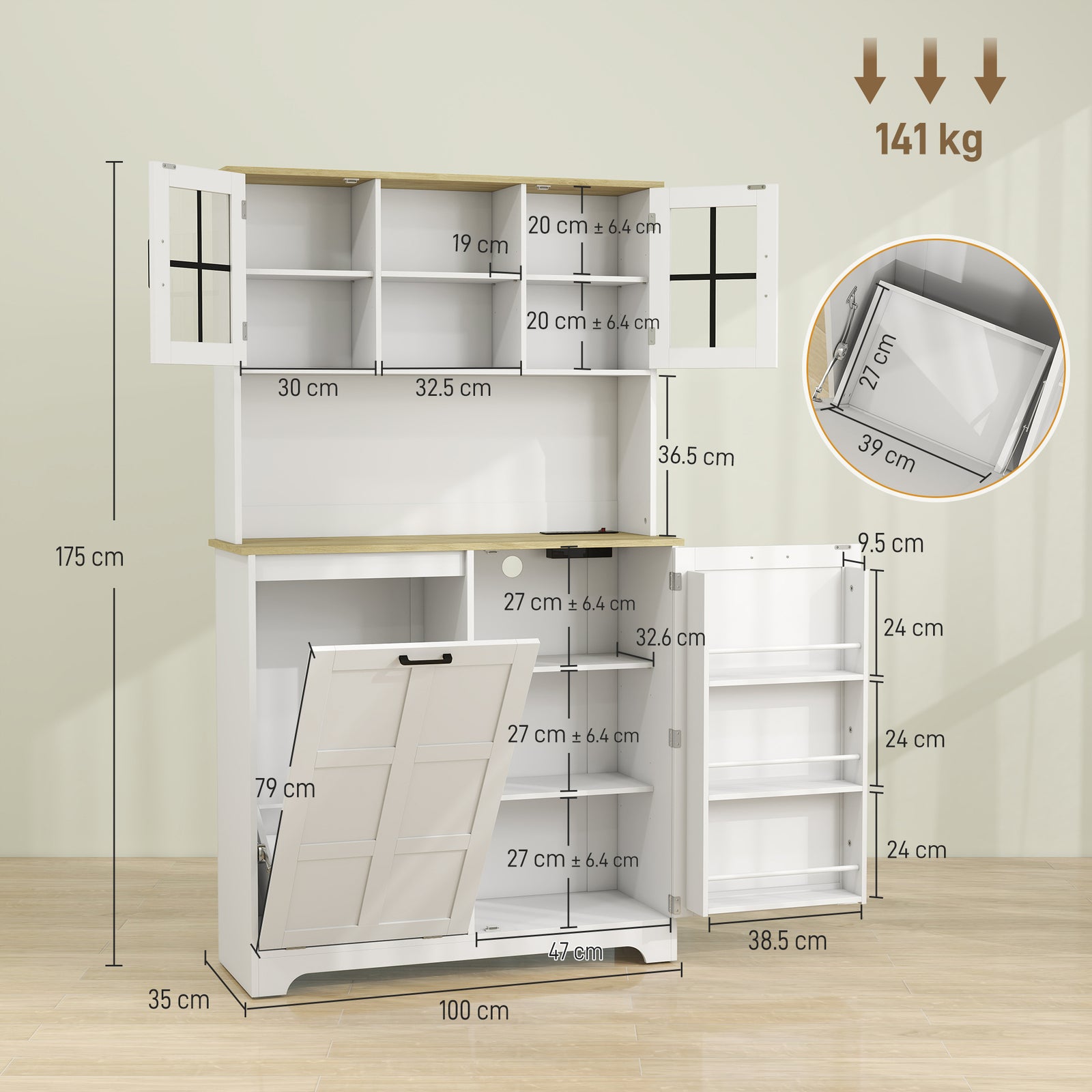 HOMCOM 175cm Tall Kitchen Cabinet, Kitchen Cupboard with Rubbish Bin Cabinet, 3 Door Shelves and 2 Acrylic Doors, White