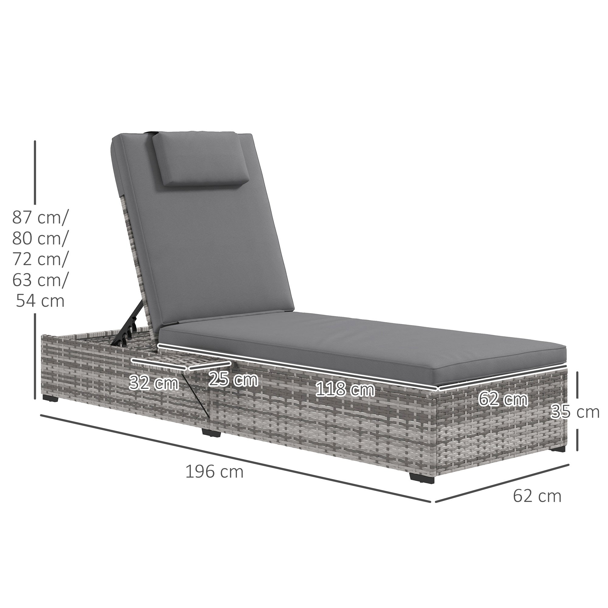 Outsunny Outdoor Patio PE Rattan Lounger with Cushion, 5-Level Reclining Wicker Rattan Sun Lounger with Tea Tray, for Poolside, Patio, Deck, 120kg Weight Capacity, Grey