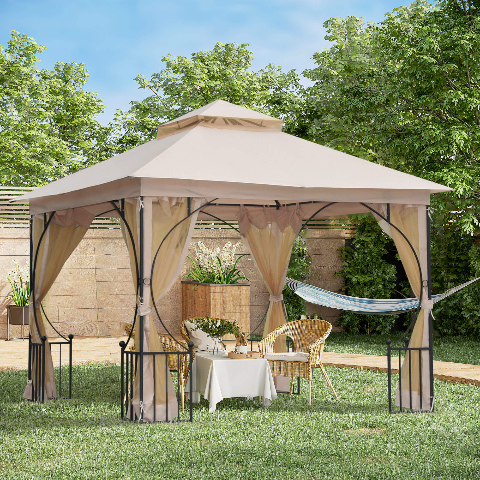 Outsunny 3 x 3(m) Garden Gazebo Patio Party Tent Shelter Outdoor Canopy Double Tier Sun Shade Metal Frame Netting, Beige