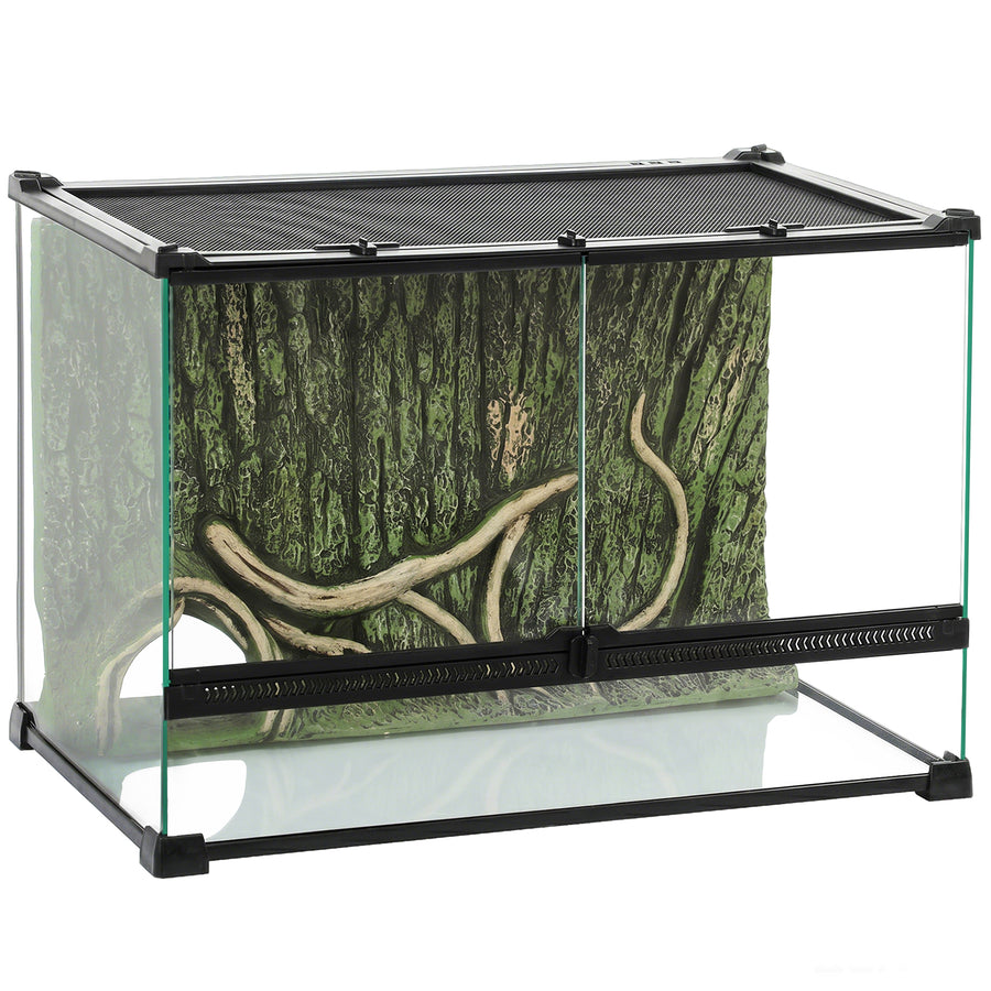 PawHut Reptile Glass Terrarium with Stone Background, Front Ventilation, Escape-Proof Knob Lock, 50 x 30 x 35 cm, Black