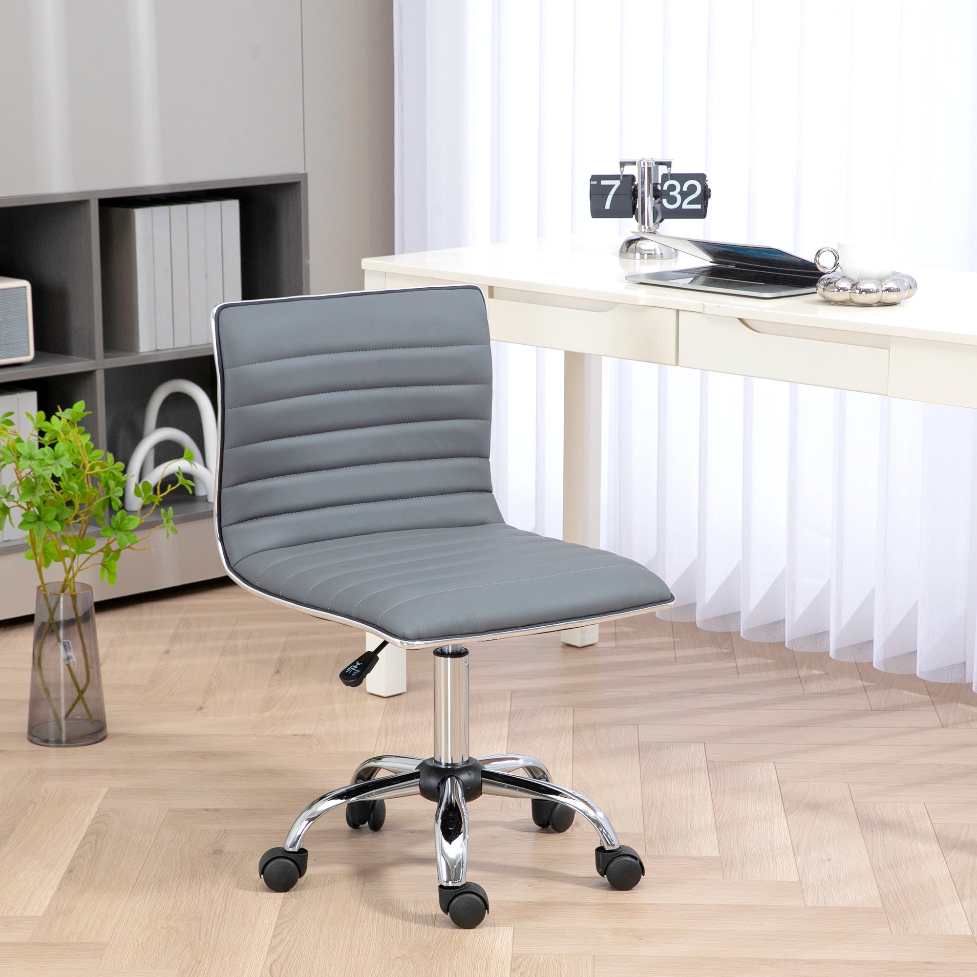 HOMCOM Armless Task Desk Chair, Swivel Office Chair with Faux Leather, Adjustable Seat Height, Chrome Base, Wheels for Home, Light Grey