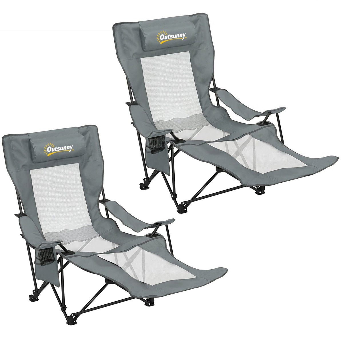 Outsunny Camping Chair Reclining Portable Camp Chair with Detachable Footrest Cup Holder Grey