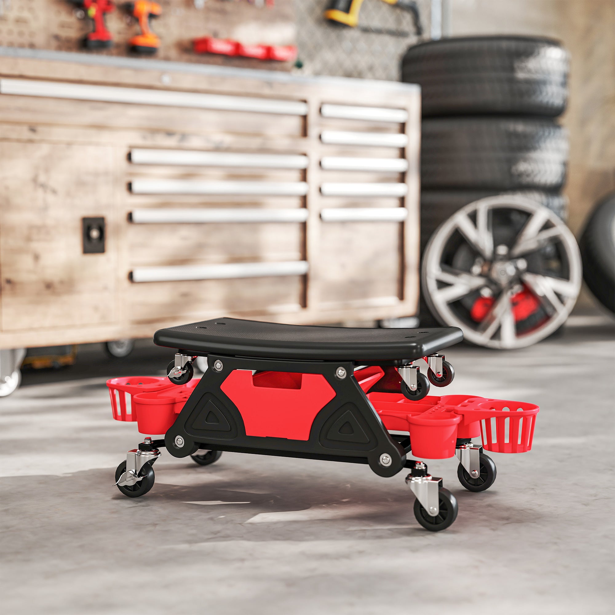 HOMCOM Rolling Mechanic Stool, 135kg Capacity Workshop Stool with 360√Ç¬∞ Swivel Wheels, Roller Creeper Seat with Slide Out Tool Trays, Drawer, Bottle Holders for Garage, Shop, Auto Repair, Red