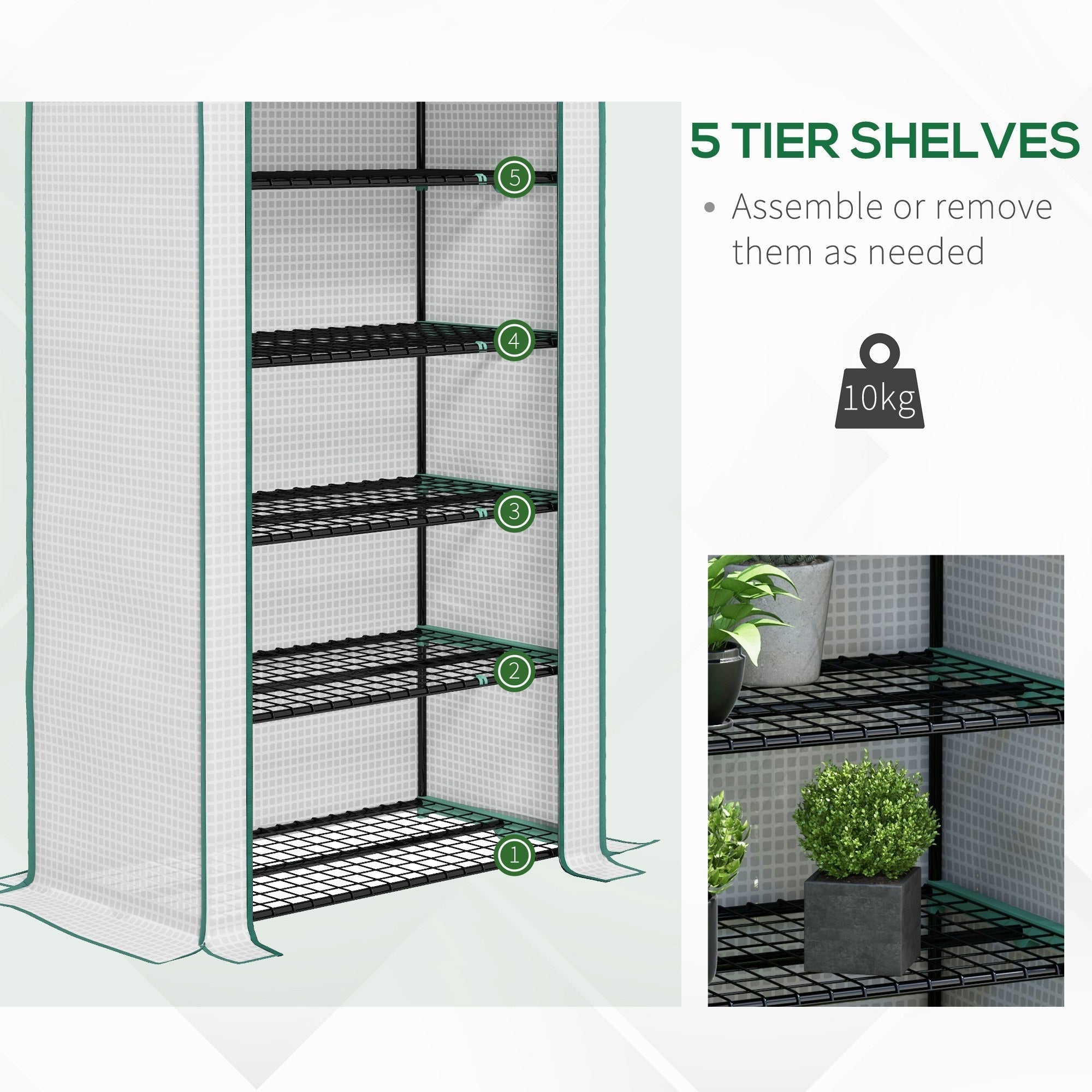Outsunny 5 Tier Widened Mini Greenhouse with Reinforced PE Cover, Portable Indoor Outdoor Green House with Roll-up Door and Wire Shelves, 193H x 90W x 49Dcm, White
