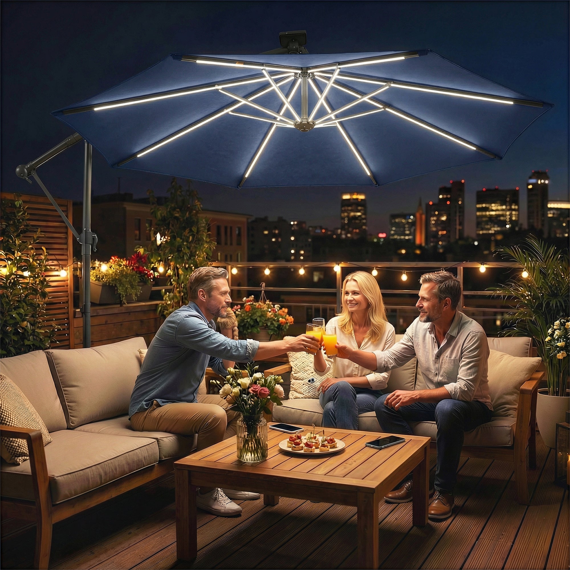 Outsunny 3 m Garden Cantilever Parasol with LED Solar Light, Round Overhanging Umbrella with 360Â° Rotation, Cover, Navy Blue