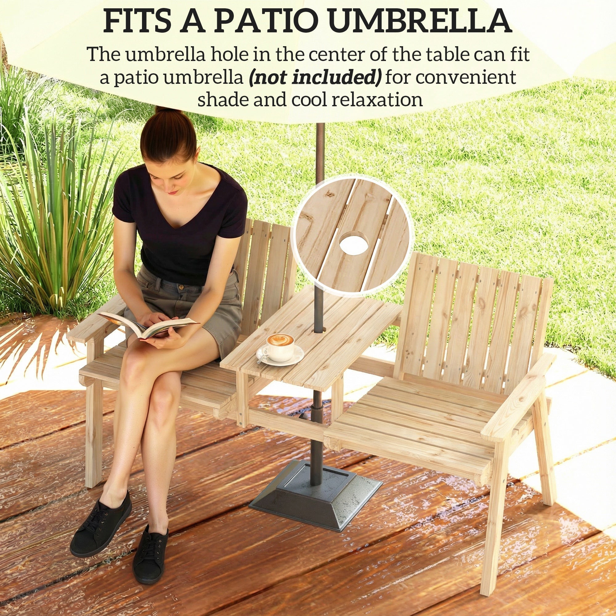 Outsunny 2-Seater Garden Loveseat with Table and Parasol Hole for Porch, Patio, Natural Wood Finish
