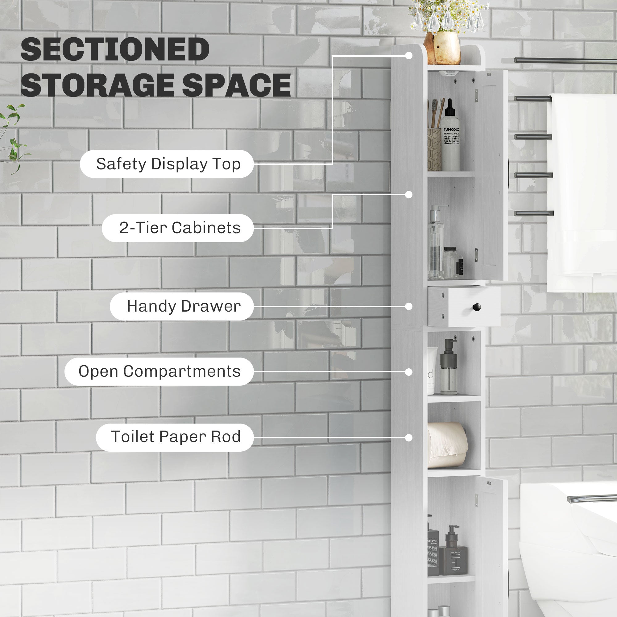 HOMCOM Tall Bathroom Cabinet, Farmhouse Slim Bathroom Storage Cabinet with Barn Doors, Toilet Paper Roll Holder, Drawer and Adjustable Shelves, Narrow Bathroom Storage Unit, 20 x 20 x 185cm, White