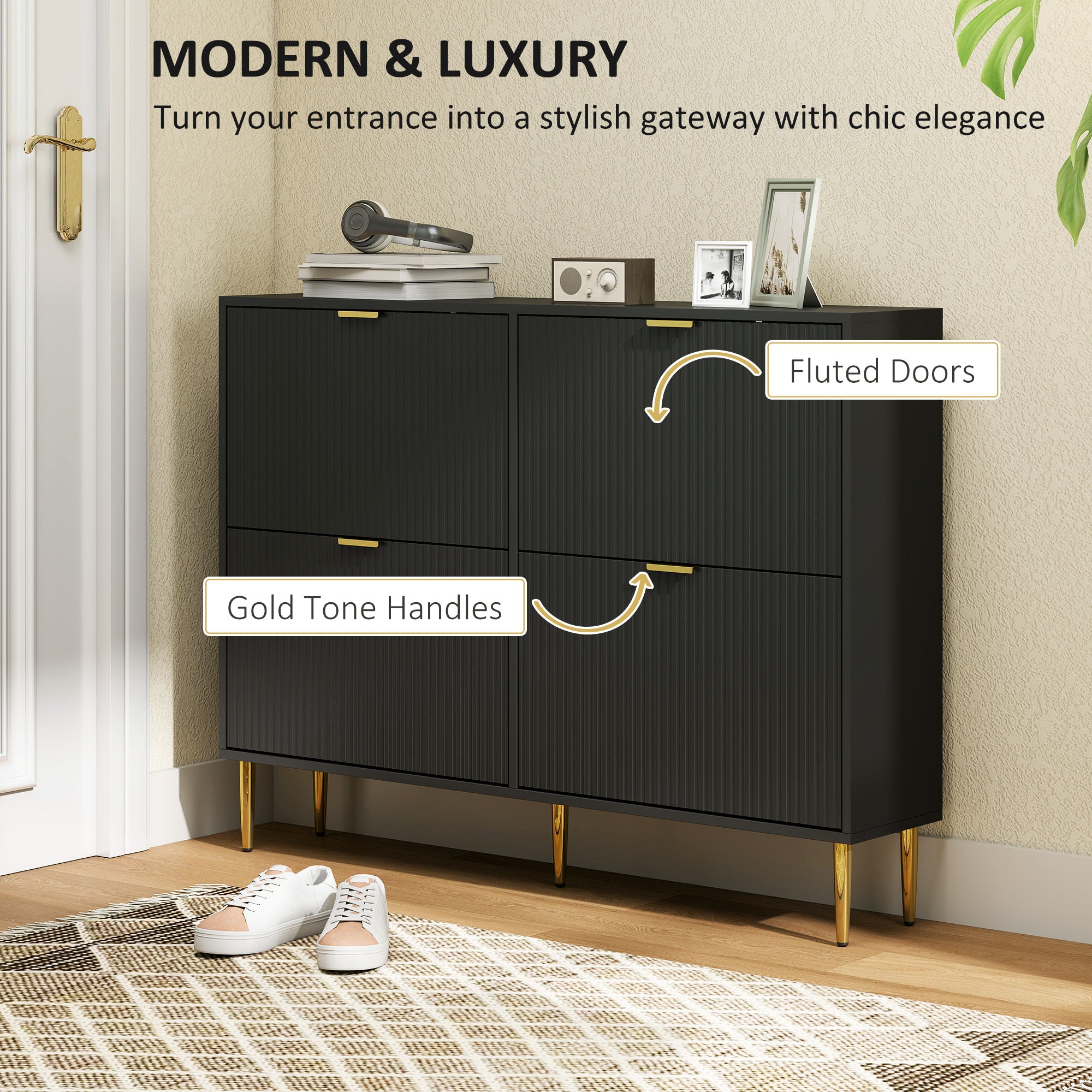 HOMCOM Narrow Shoe Cabinet with 4 Flip Drawers - Black