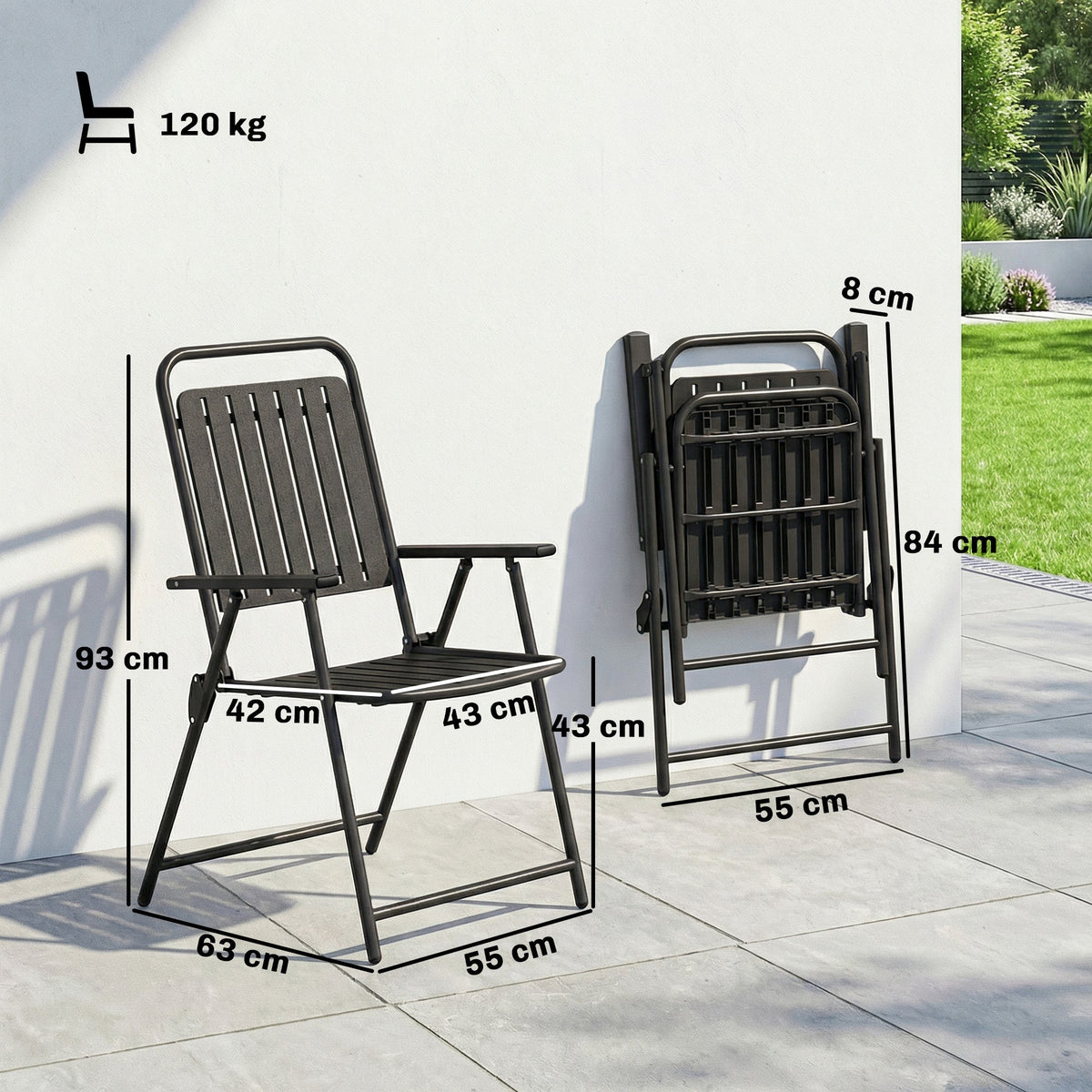 Outsunny Folding Garden Chairs, Garden Dining Chairs with Plastic Slatted Seat Back, Armrests, Steel Frame, Set of 4, Black