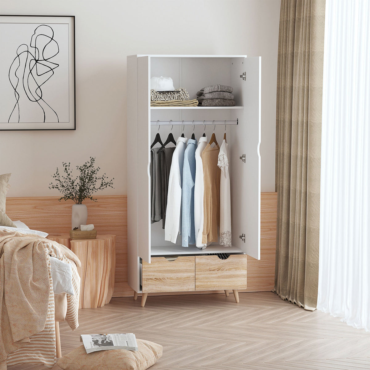 HOMCOM 2-Door Clothes Wardrobe w/ Rail Shelf 2 Drawers Wood Feet Elegant Home Storage Organisation Furniture, White