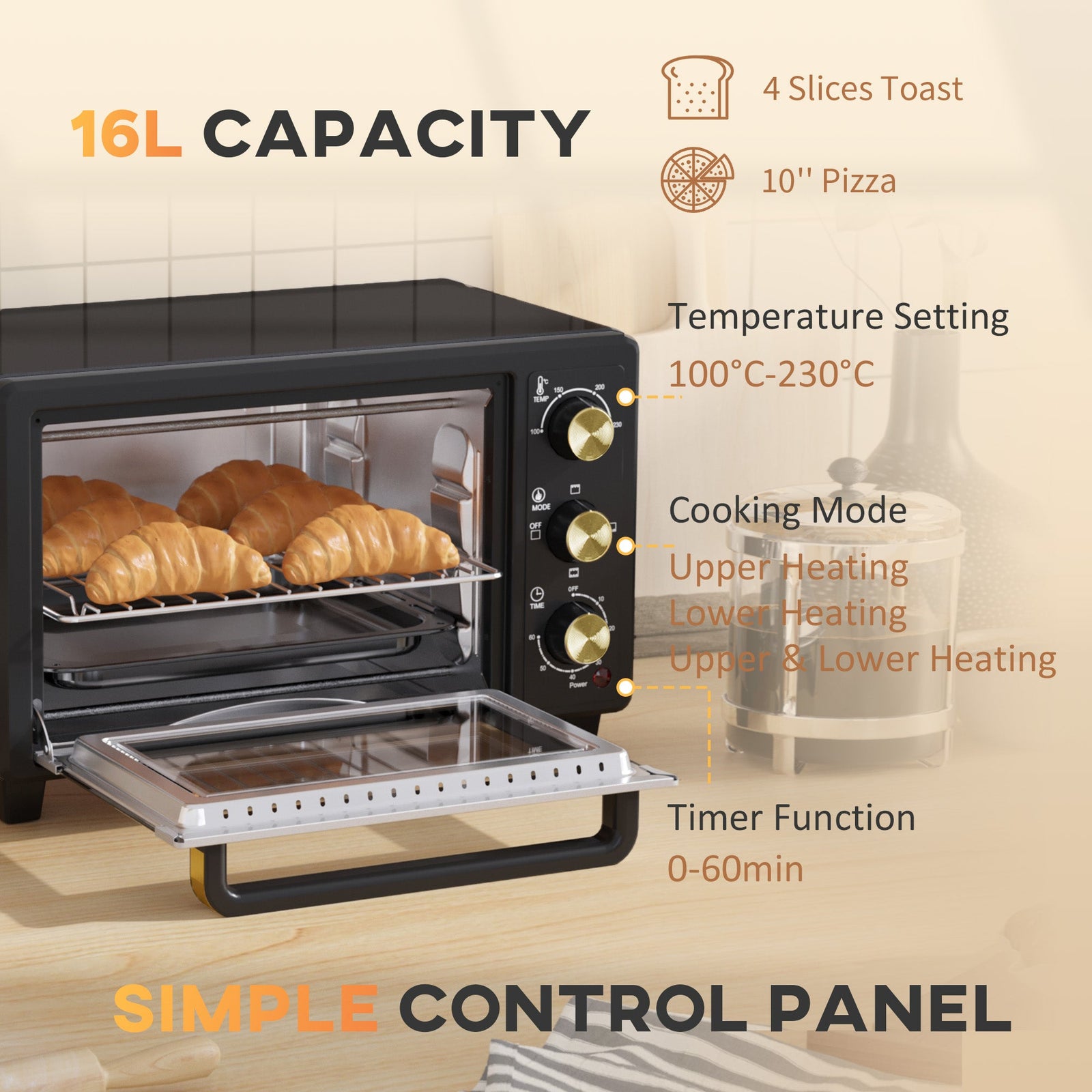 HOMCOM 16L Mini 1400W Countertop Oven - Black