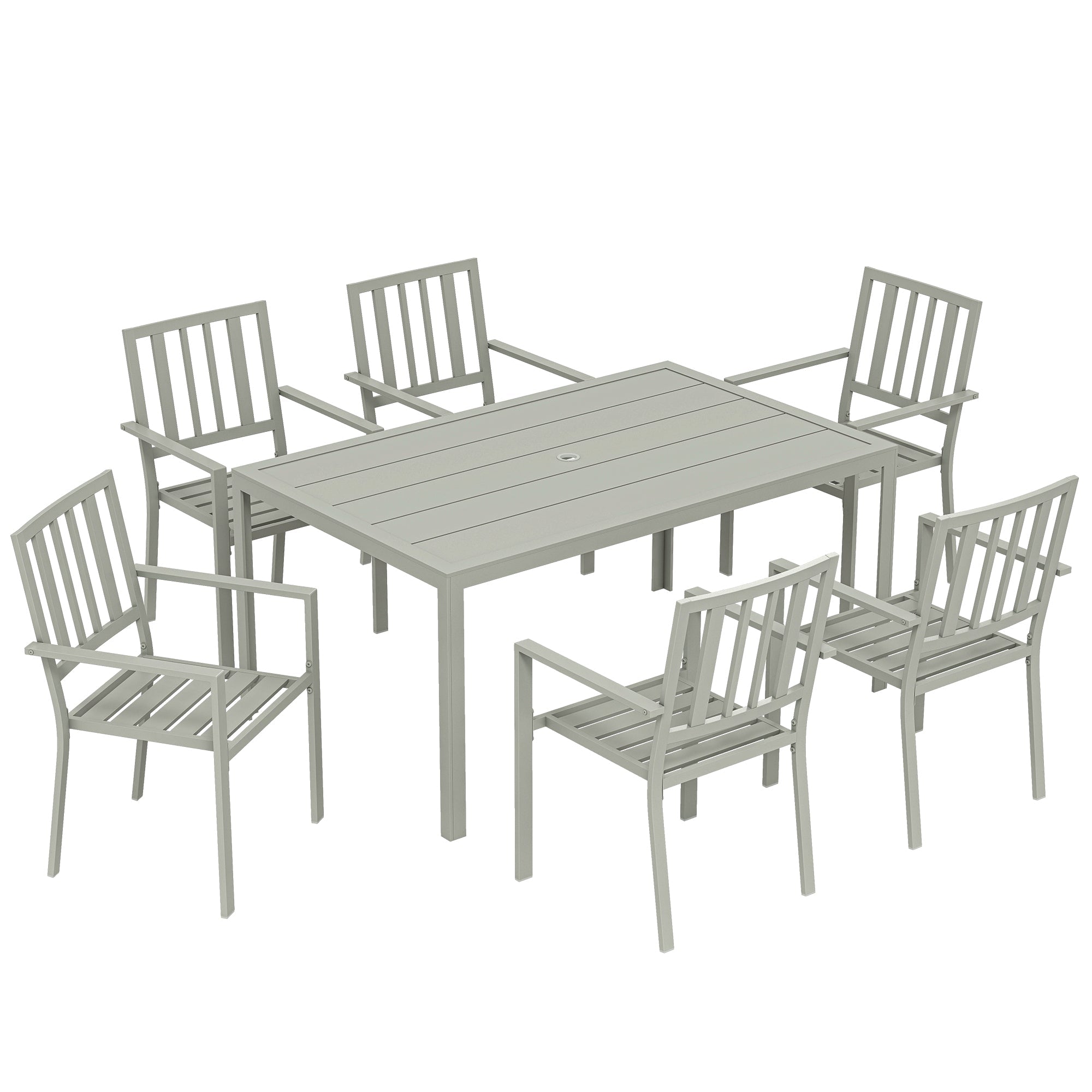 Outsunny Garden Table and Chairs for 6, 7 Pieces Garden Furniture Set with Table, 6 Stackable Chairs and Umbrella Hole Light Grey