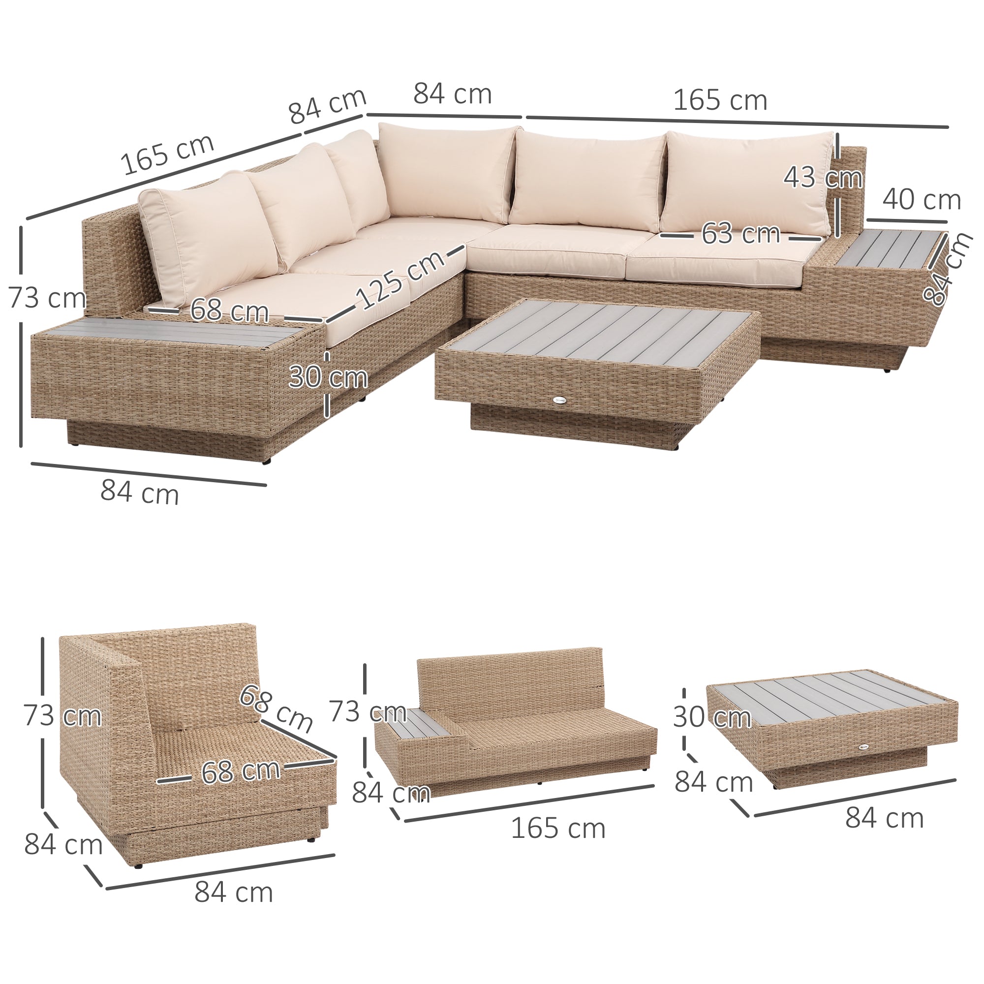 Outsunny 4 Pieces Rattan Garden Furniture Set, Garden Corner Sofa with Side Trays, Wicker Conservatory Furniture Set with Loveseats, Slatted Plastic Top Coffee Table and Cushions, Beige