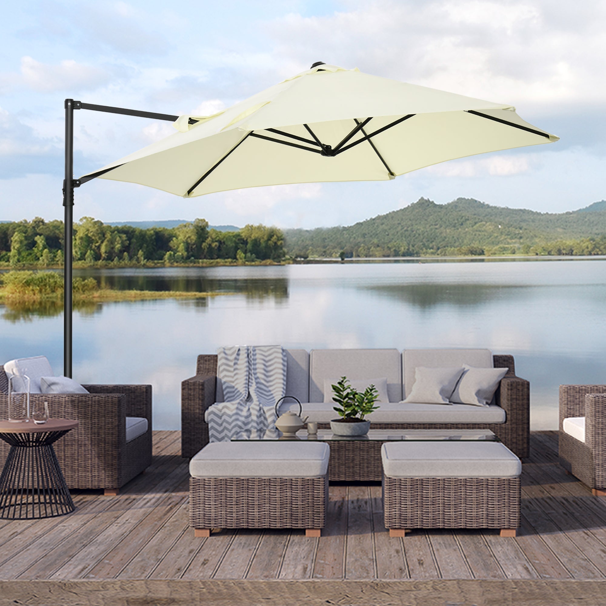 Outsunny 2.5M Garden Cantilever Parasol, Offset Roma Patio Umbrella Hanging Sun Shade Canopy Shelter with 360 Rotation and Cross Base, Beige