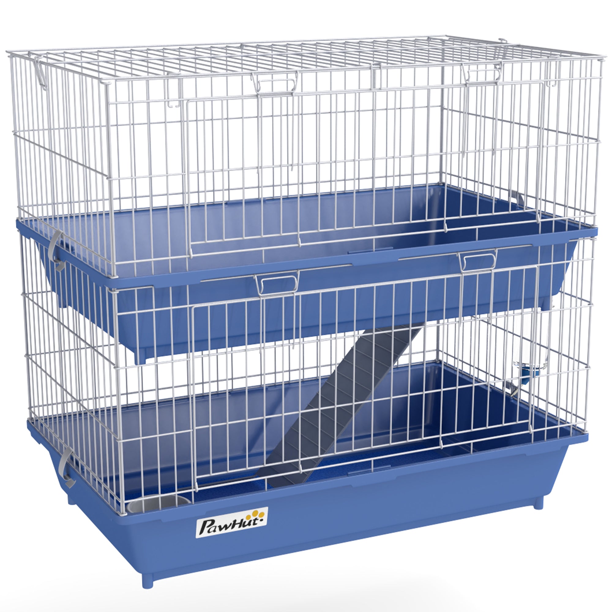PawHut Double Tier Small Animal Cage Rabbit Chinchillas Cage w/ Ramp Food Dish Water Bottle Deep Trays Pet Home 72 x 44 x 67 cm