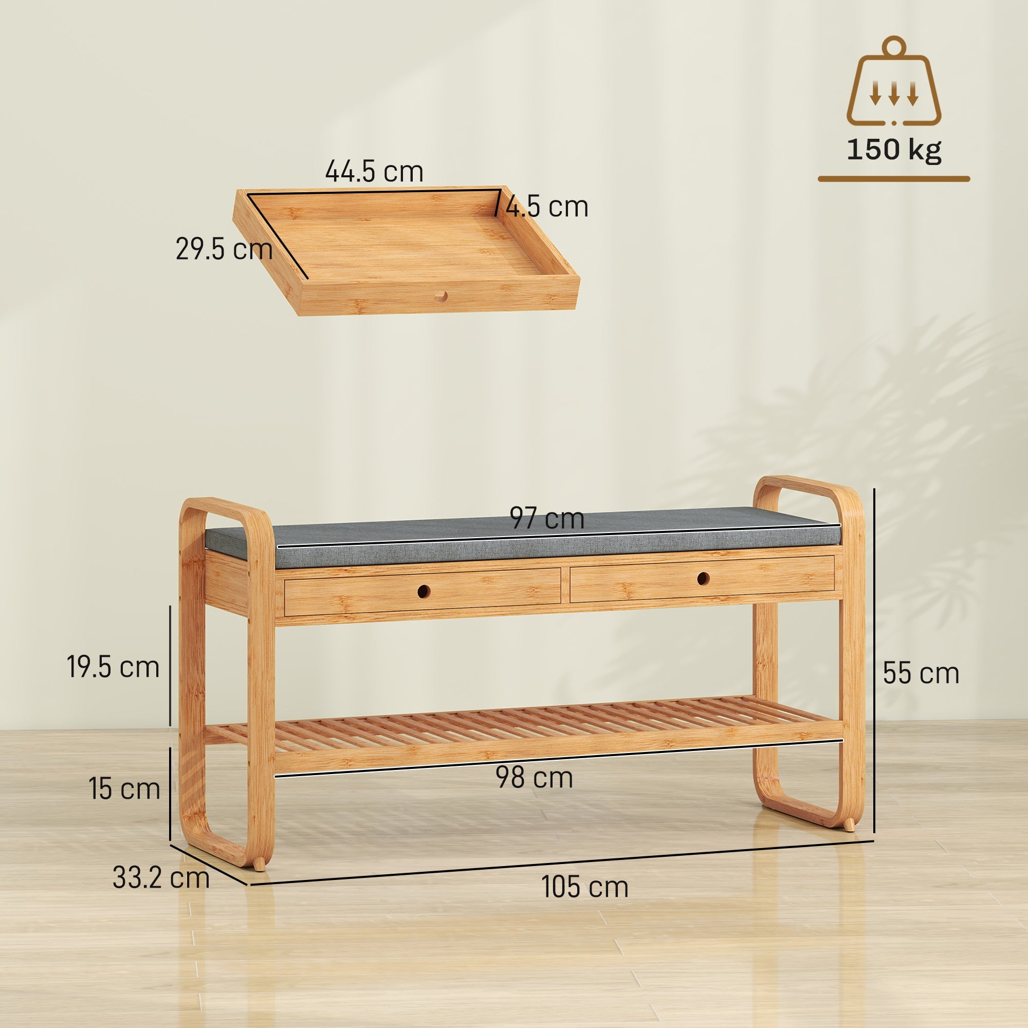HOMCOM Shoe Bench with 2 Drawers Cushioned Seat Shoe Storage Bench for Hallway 105 cm Natural and Grey