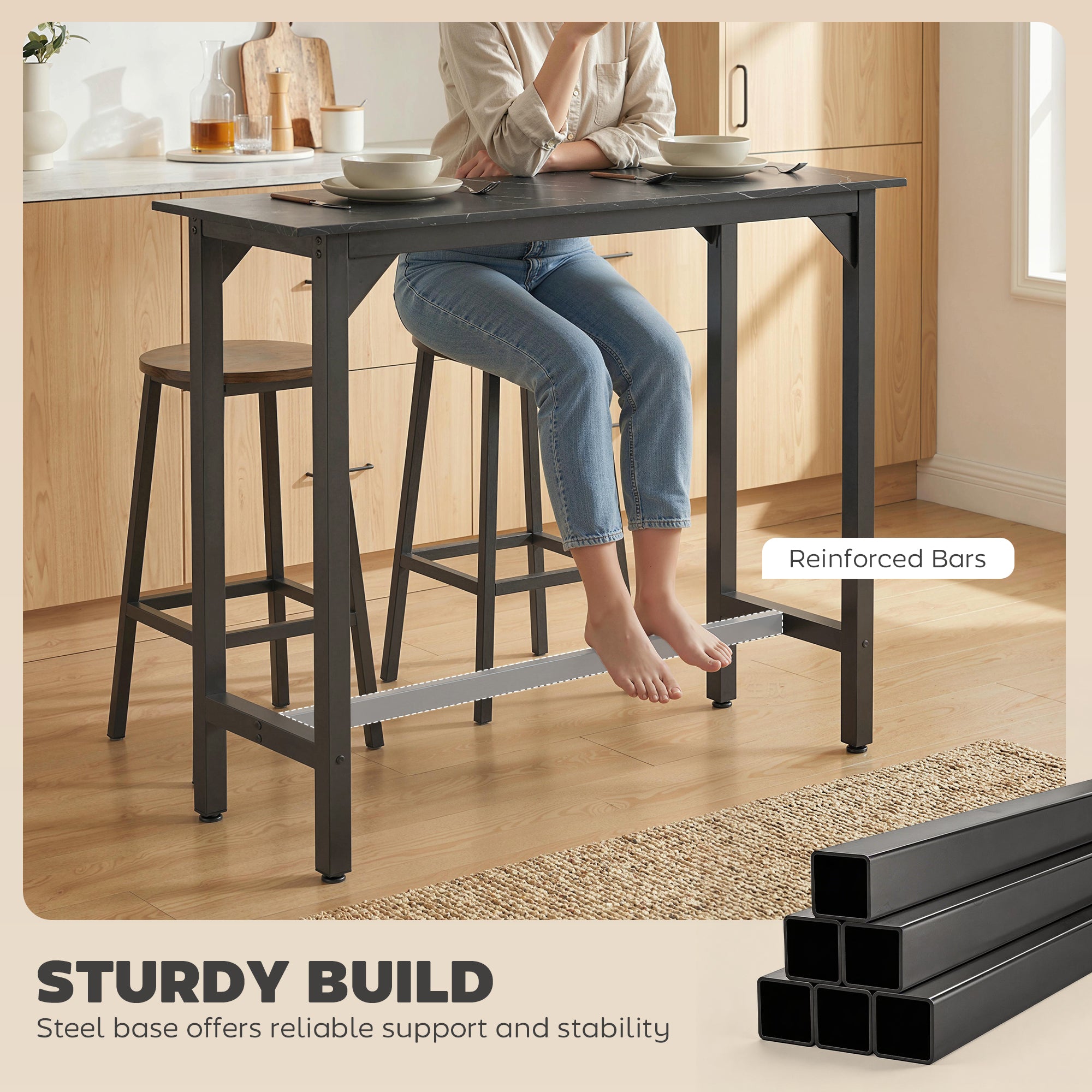 HOMCOM Rectangular Bar Table, Marble Effect Pub Coffee Table for Small Space, Breakfast Dining, Black Marble Effect