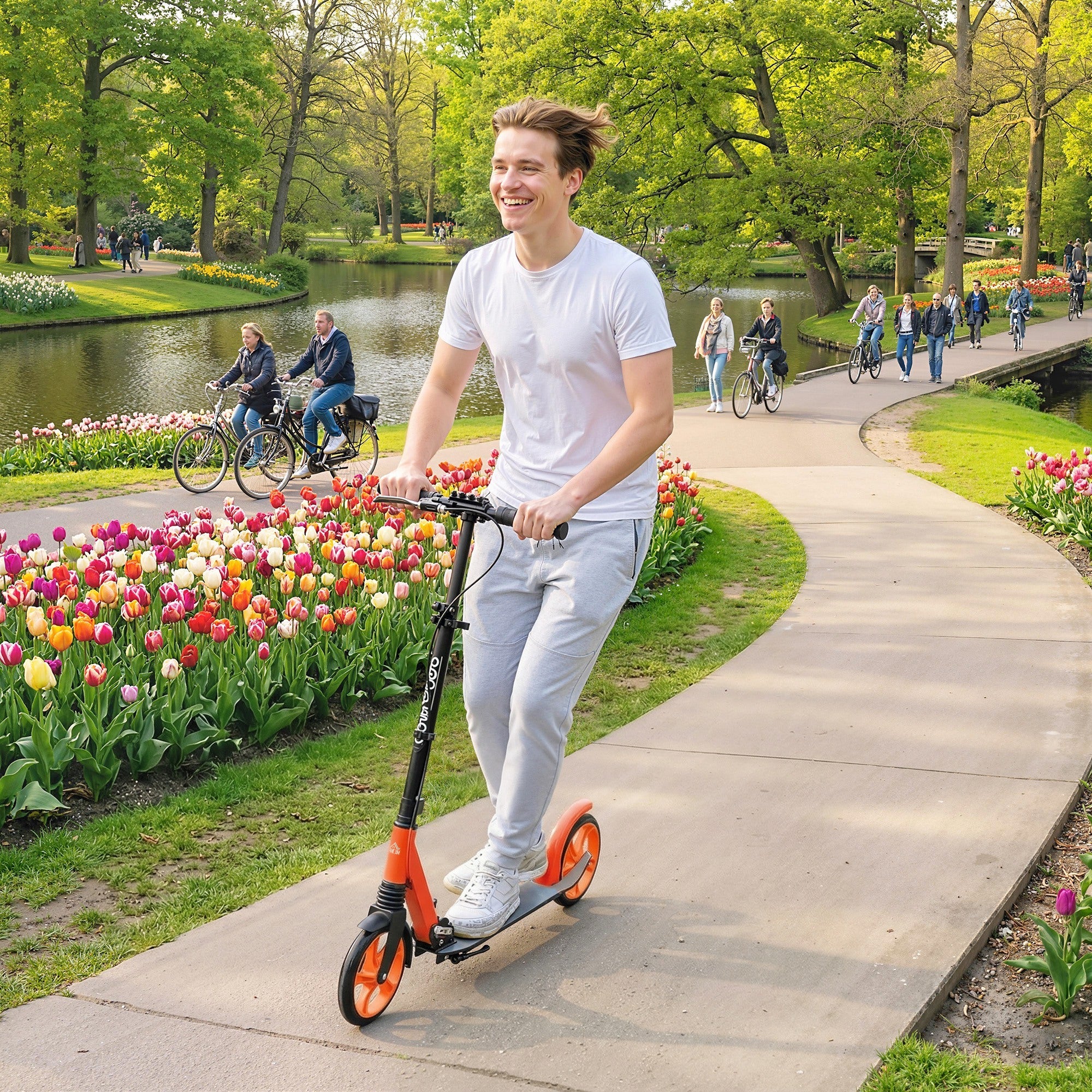 HOMCOM One-click Folding Kick Scooter for 14+ w/ Adjustable Handlebar, Push Scooter with Kickstand, Dual Brake System, Red
