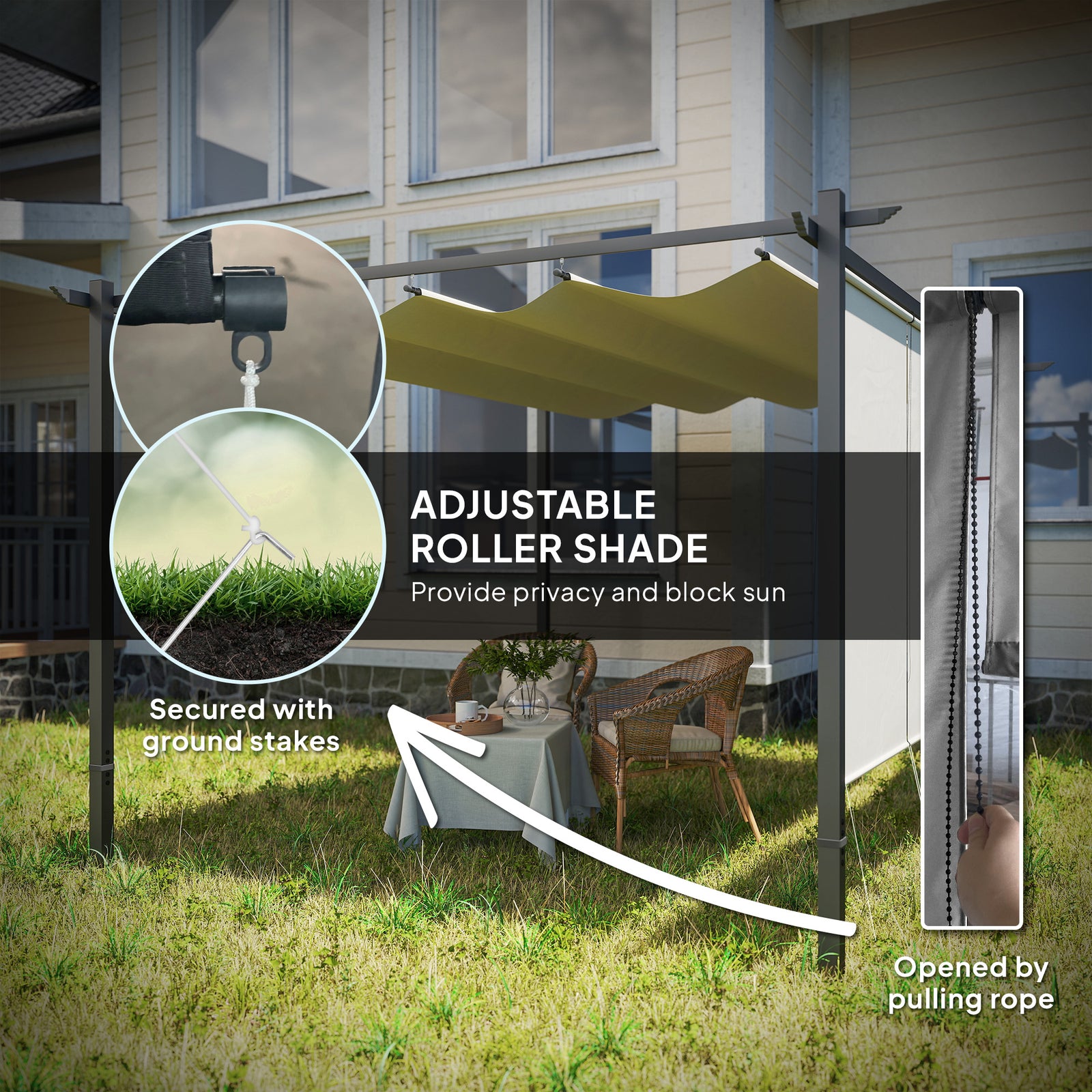 Outsunny 3 x 4m Metal Pergola with Retractable Roof and Roller Shade, Free Standing Gazebo Canopy Pergola Kit, UPF30+ Outdoor Sun Shelter, Beige