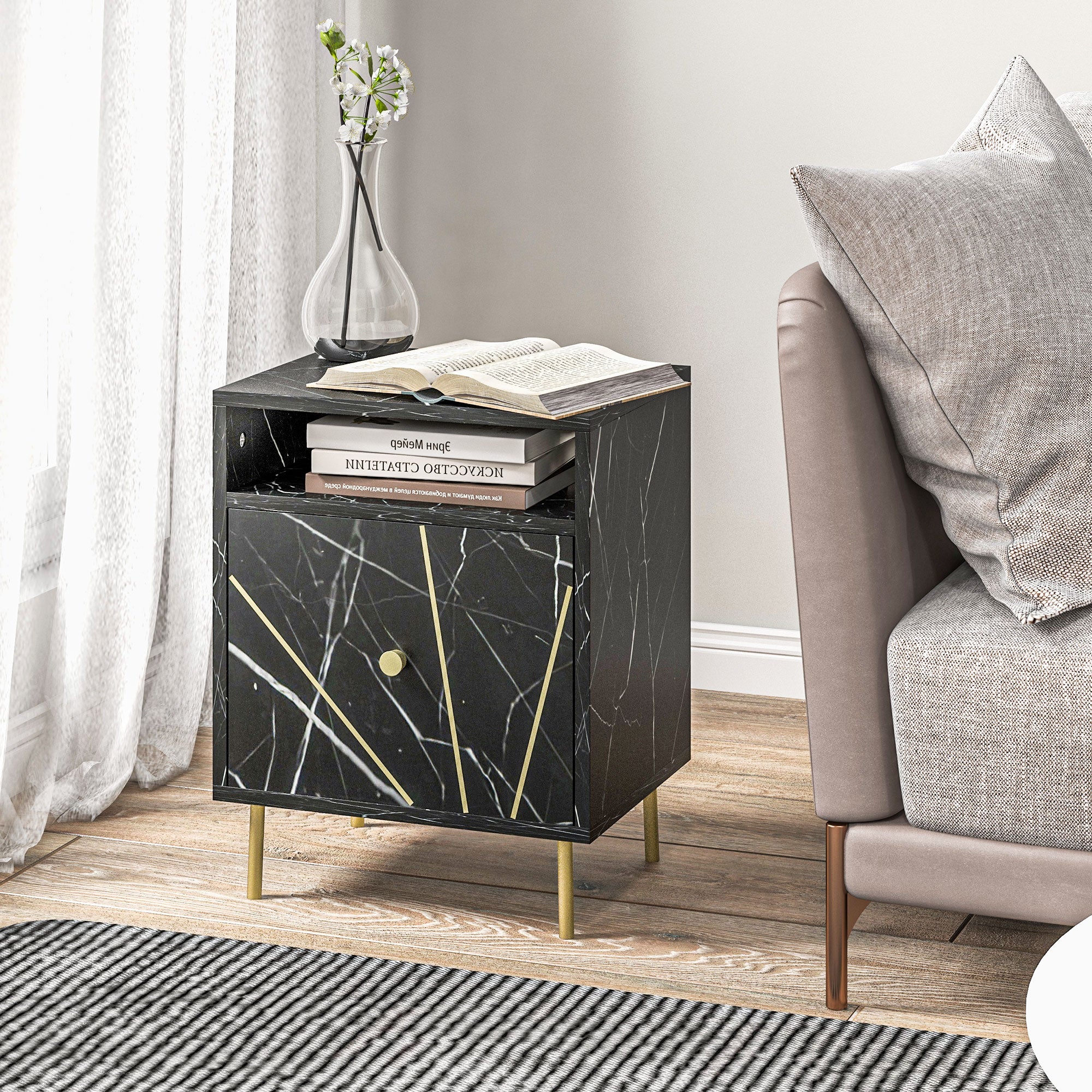 HOMCOM Elegant Bedside with Storage - Black/Gold Tone