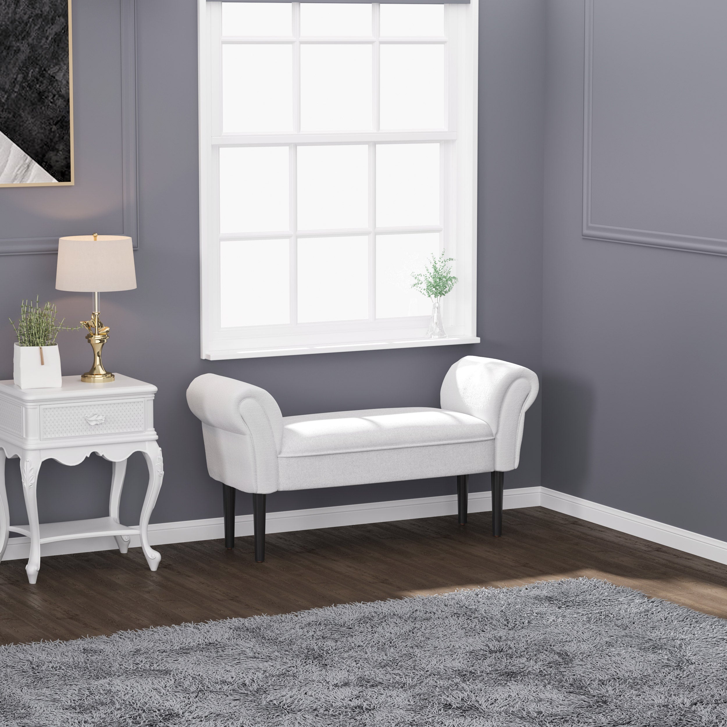 HOMCOM Small Bench, Upholstered Window Seat with Arms and Wooden Legs, Modern Shoe Bench for Entryway, Living Room, Bedroom, Greyish White