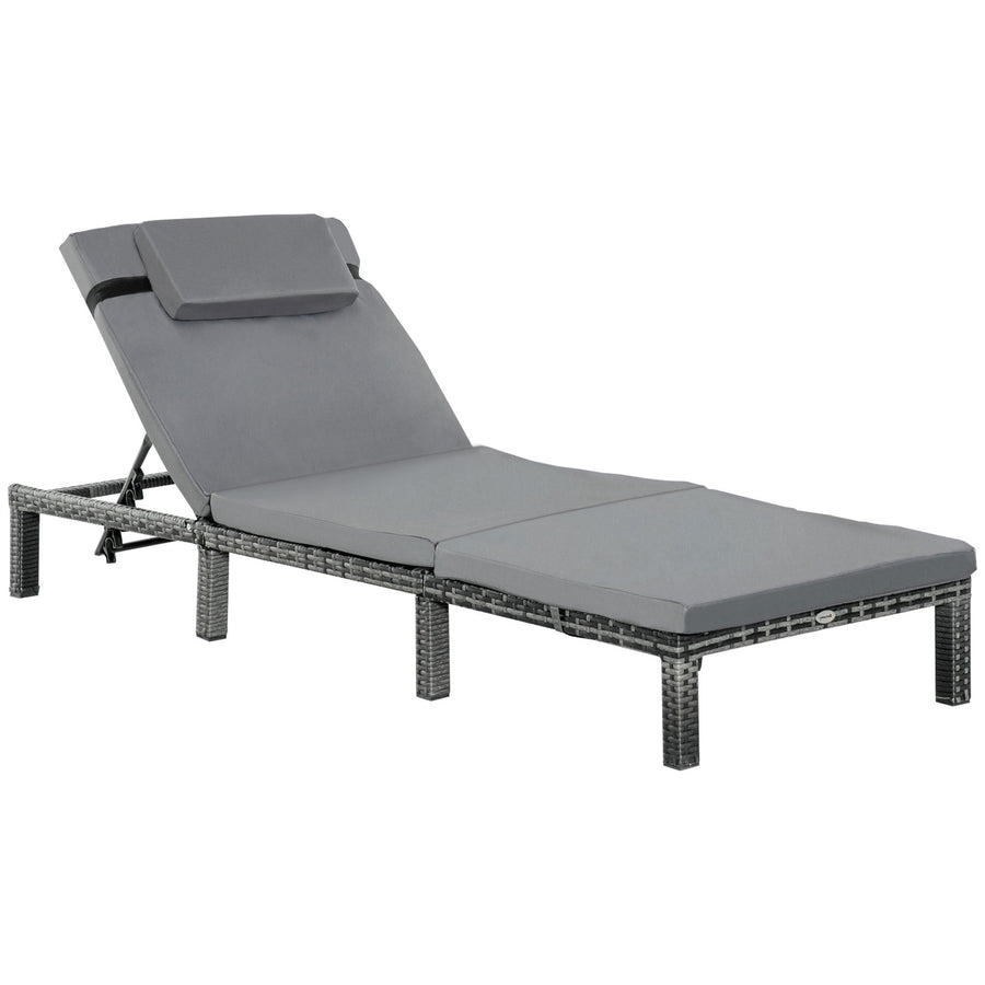 Outsunny Rattan Sun Lounger, 5-Level Adjustable Garden Lounger Recliner with Cushion and Headrest, Outdoor Reclining Sunbed, Steel Frame Garden Chair for Patio, Beach, Terrace, Dark Grey