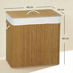 HOMCOM 3 Section Laundry Basket with Lid, 144L Bamboo Laundry Hamper with Handles, Removable and Washable Liner, Brown