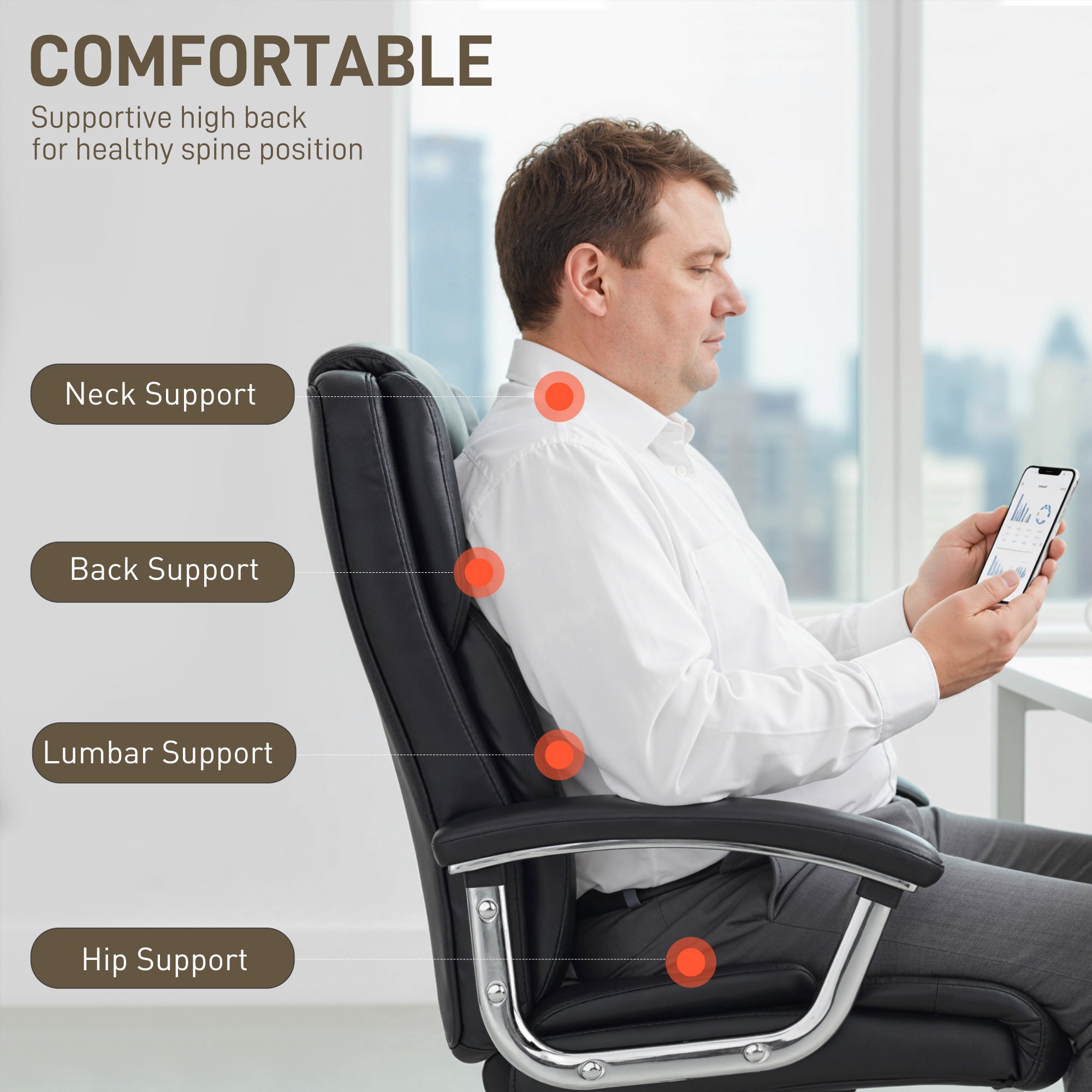 HOMCOM Big and Tall Office Chair 180kg with Spring Cushion, PU Leather - Black