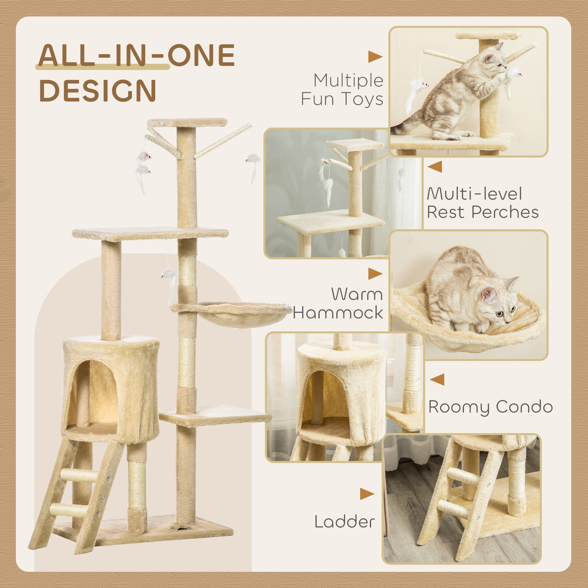 PawHut Multi-Level Cat Tree with Scratching Post, Ladder, Cat House, Beige
