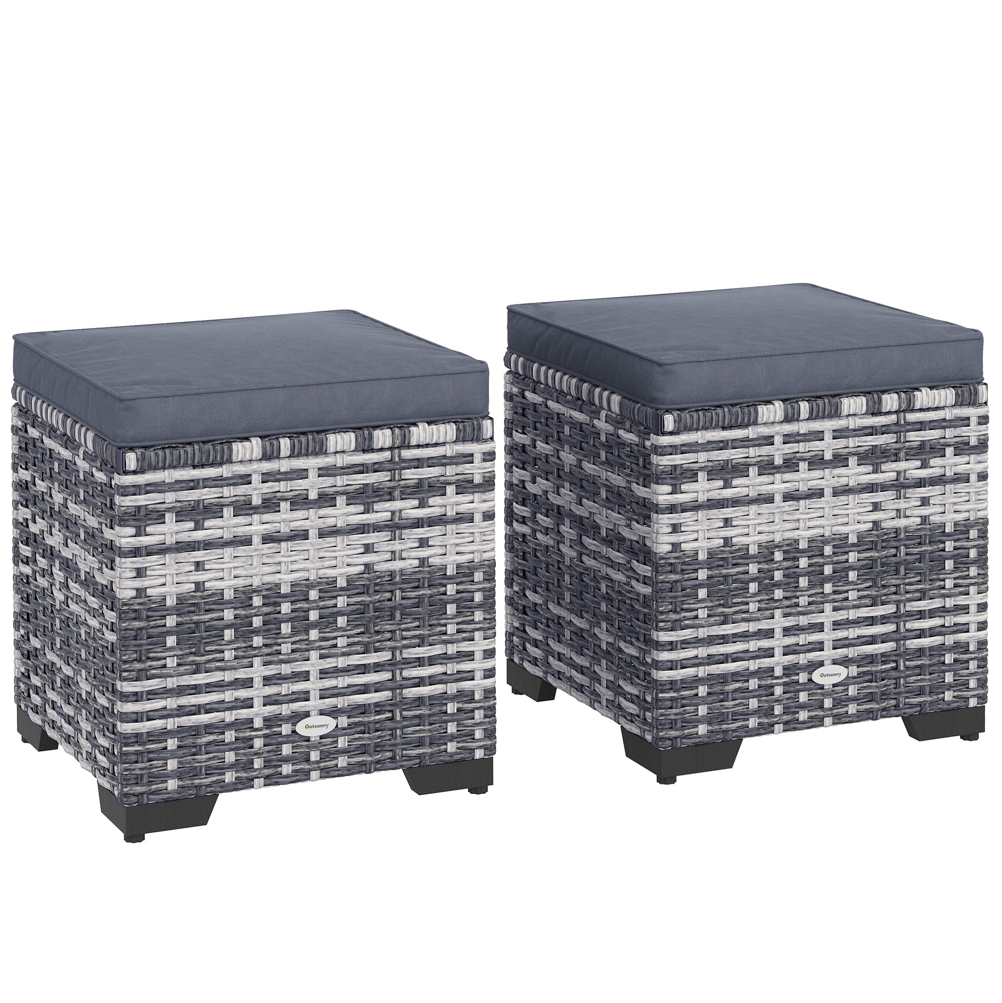 Outsunny Set of 2 Rattan Storage Ottoman, Outdoor Footstool with Removable Cushions, Garden Storage Seat for Balcony, Porch, Living Room, Dark Grey