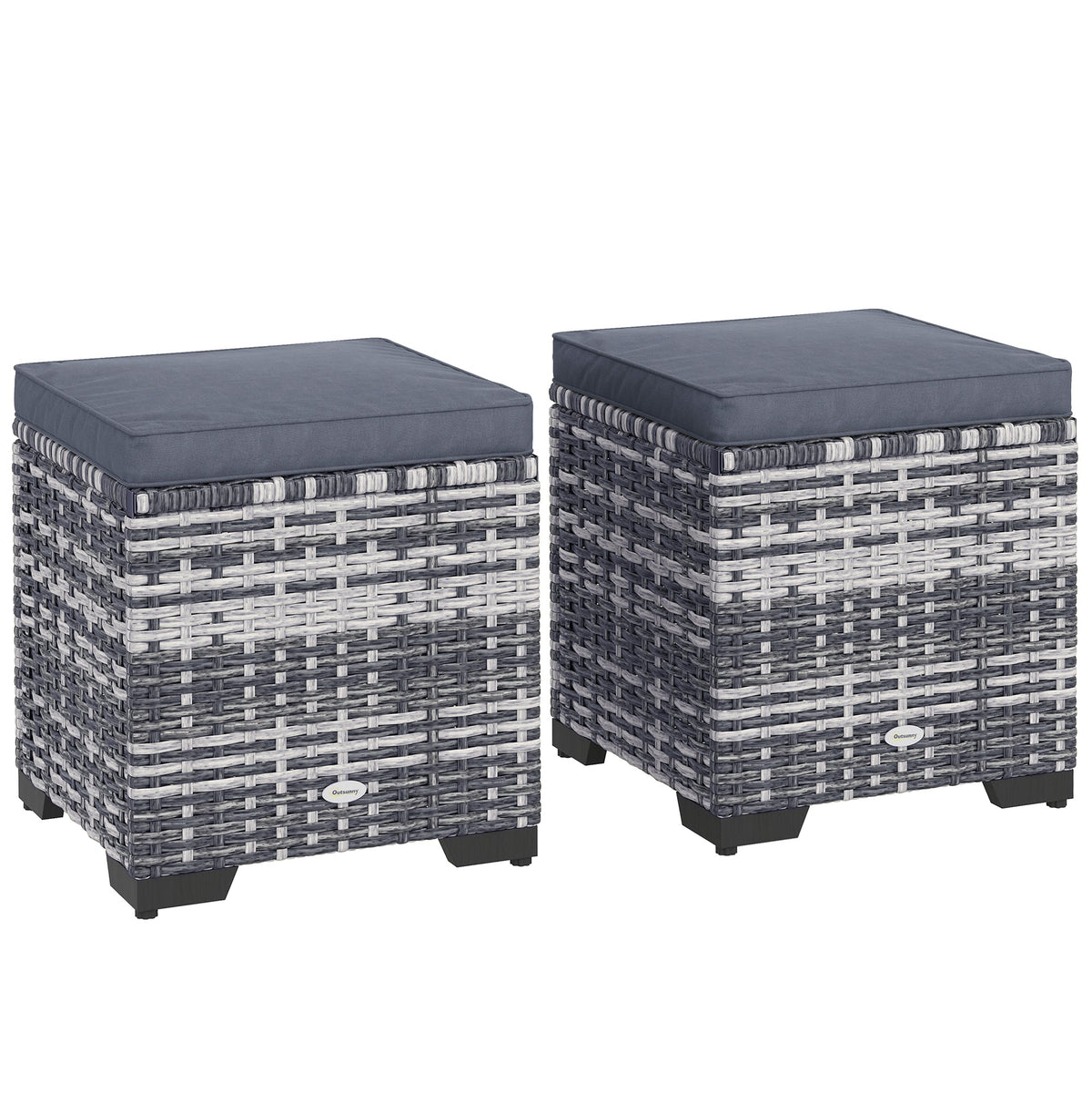 Outsunny Set of 2 Rattan Storage Ottoman, Outdoor Footstool with Removable Cushions, Garden Storage Seat for Balcony, Porch, Living Room, Dark Grey