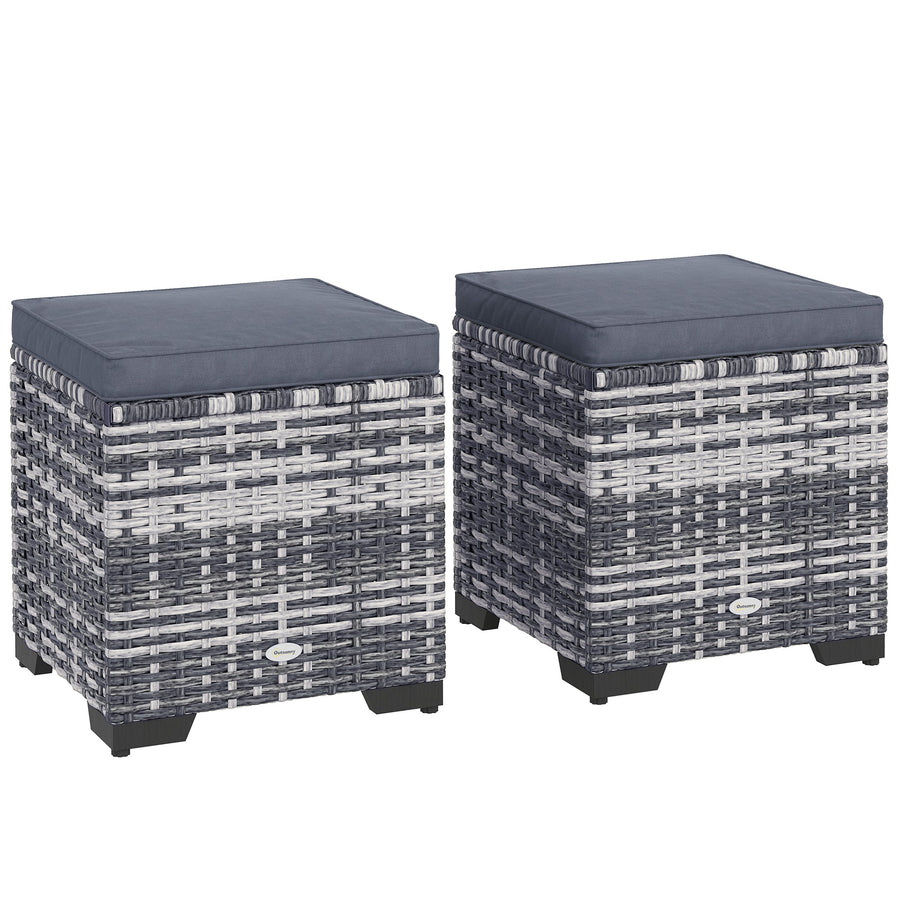 Outsunny Set of 2 Rattan Storage Ottoman, Outdoor Footstool with Removable Cushions, Garden Storage Seat for Balcony, Porch, Living Room, Dark Grey