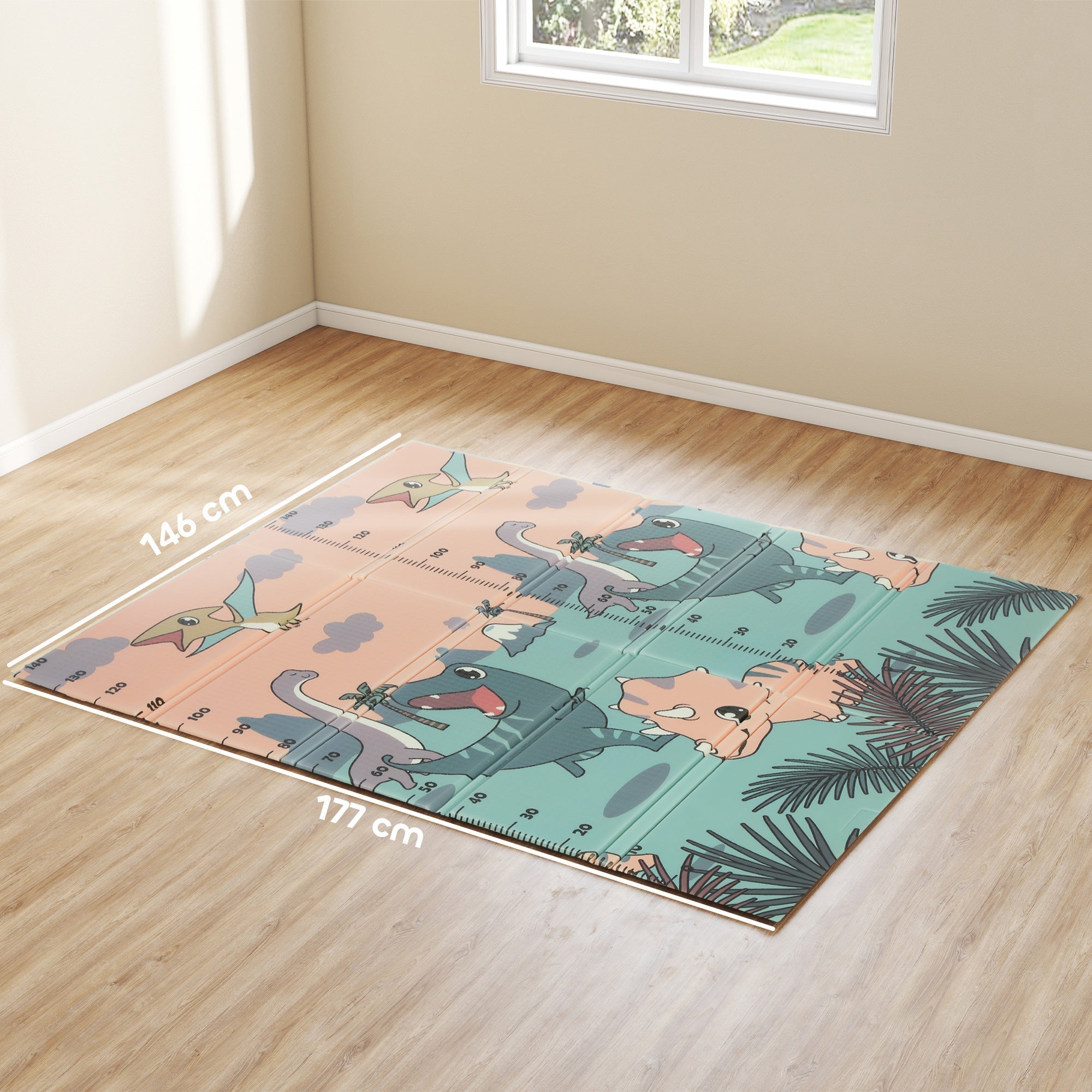 AIYAPLAY Dinosaur-Themed Baby Plat Mat Double Sided, Foldable, Water-Resistant for Outdoor/Indoor, 177 x 146 x 1.5cm