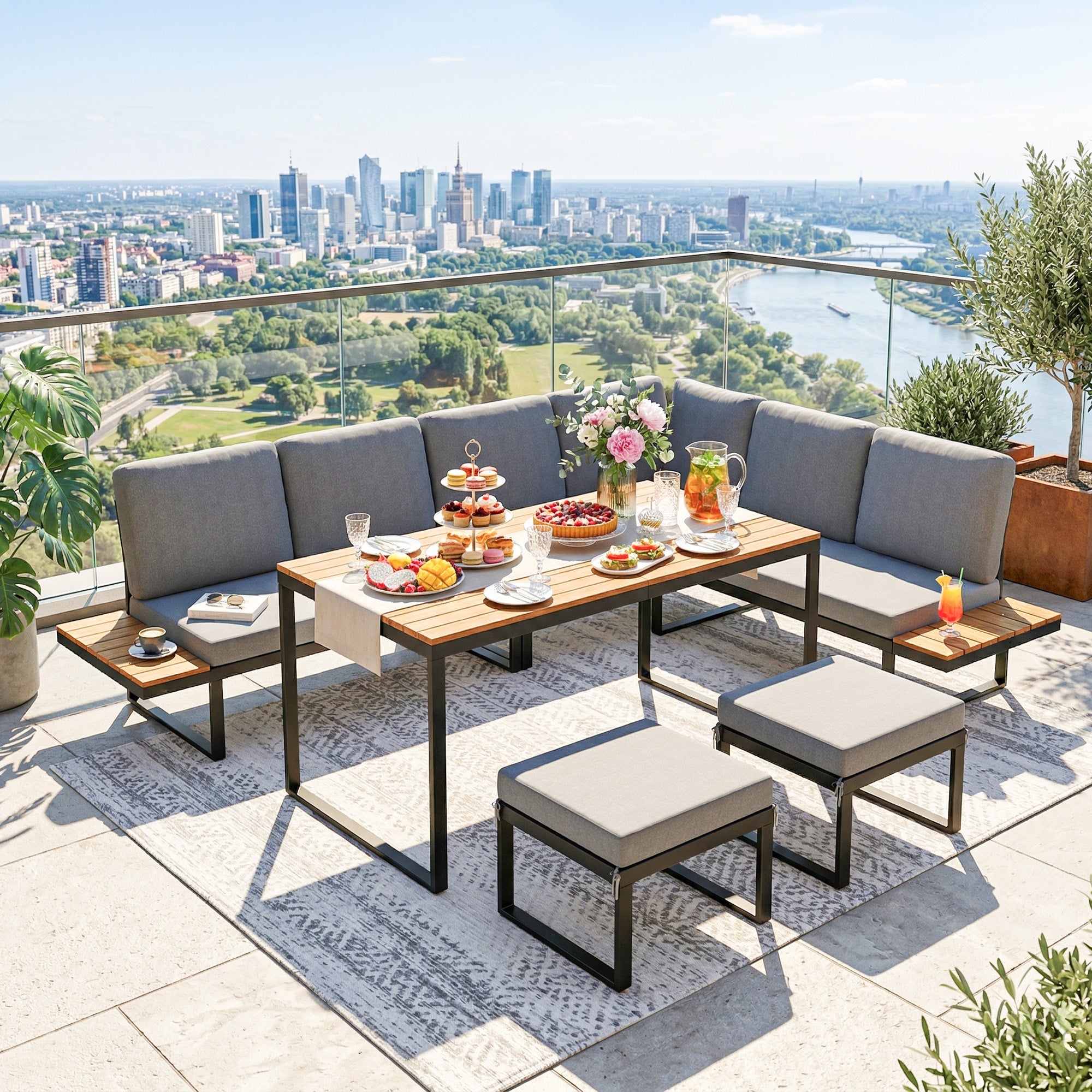 Outsunny Patio Furniture Set Modular Garden Sofa Set 6 Pieces with Dining Table for Outdoor Patio Grey