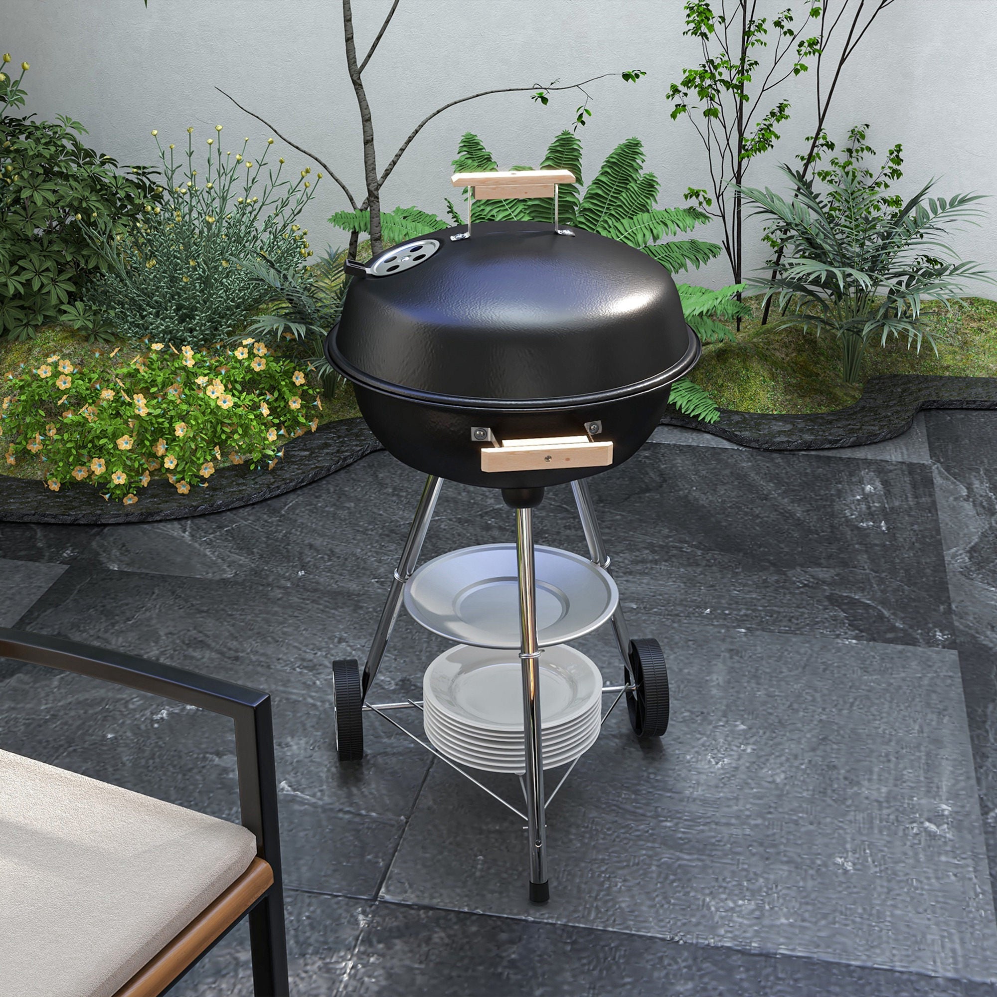 Outsunny Portable Round Kettle Charcoal Grill BBQ Smoker with Lid Outdoor Heat Control Party Patio Barbecue Garden
