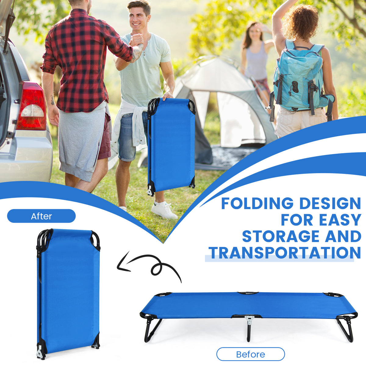 Folding Camping Bed with Non-slip Feet for Travel Patio Beach-Blue