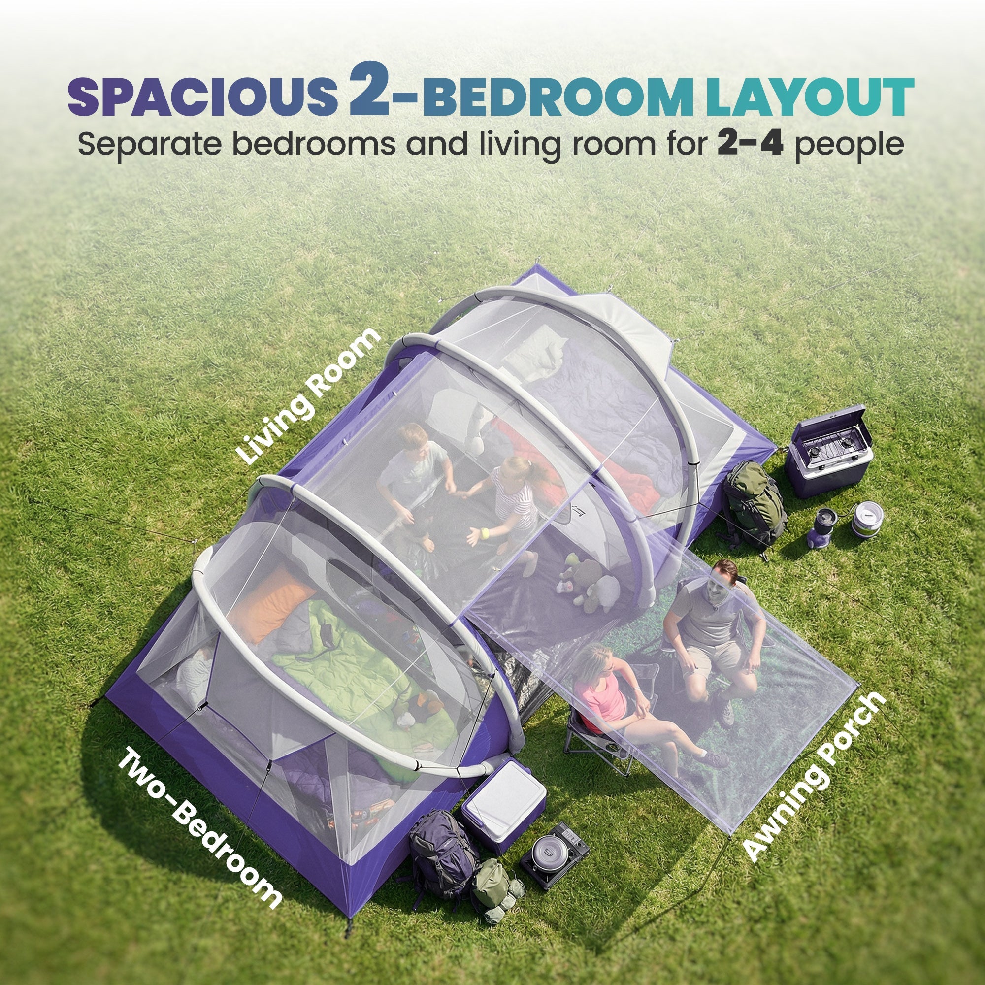 Outsunny Inflatable Tent 2 Bedroom 3000mm Waterproof Windproof Air Tent with Carry Bag for 2-4 Person