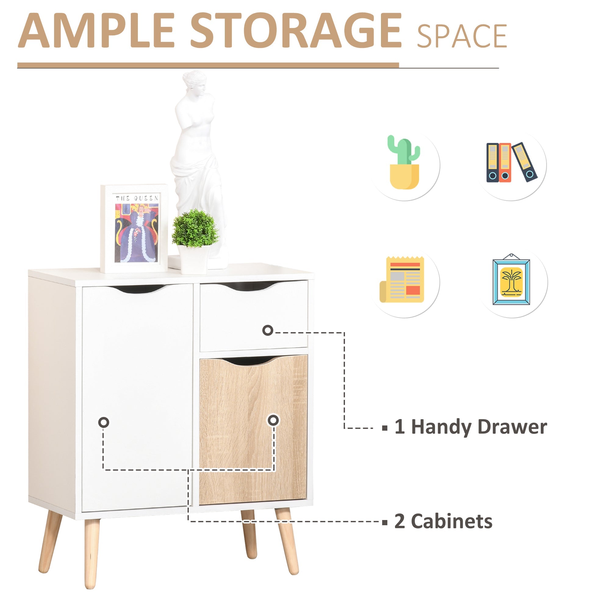 HOMCOM Sideboard Floor Cabinet Storage Cupboard with Drawer and Solid Wood Legs for Bedroom, Living Room, Entryway, Brown