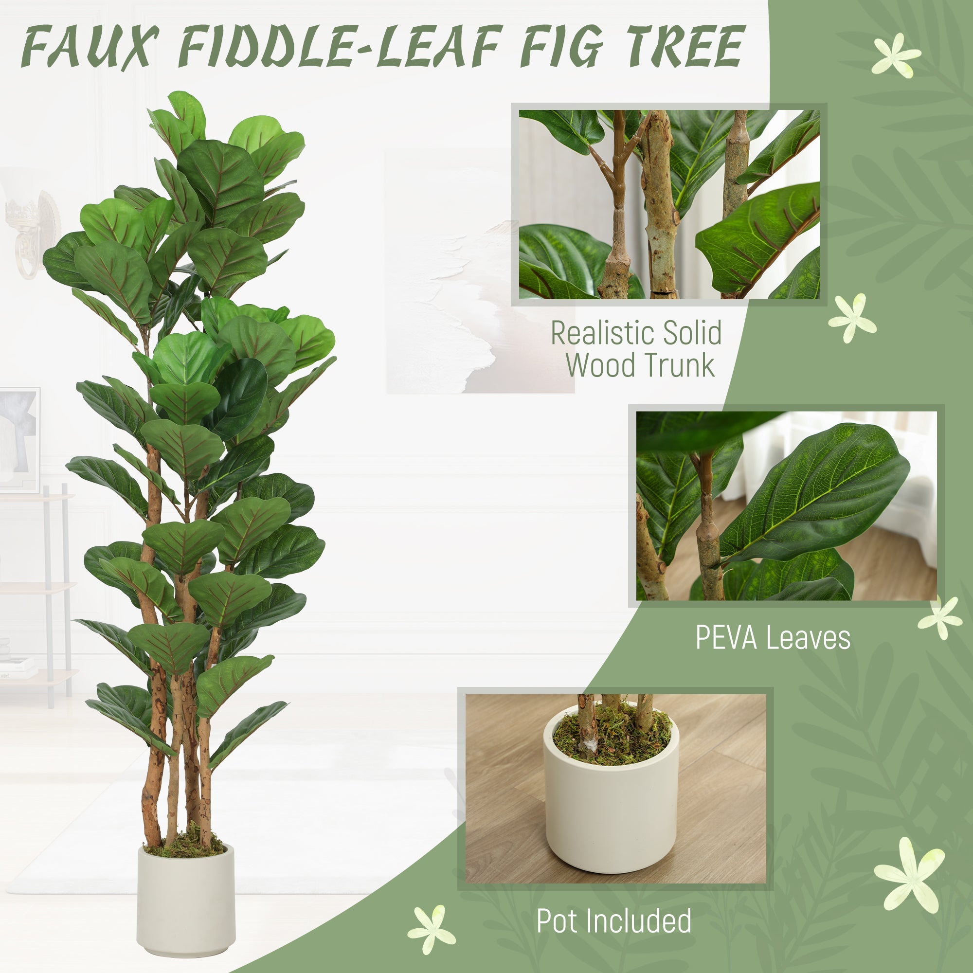HOMCOM 150cm Artificial Fiddle Leaf Fig Tree - Green