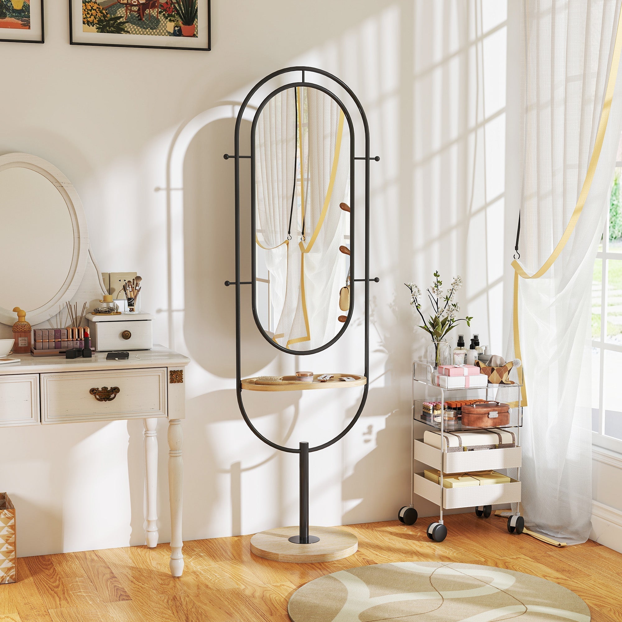 HOMCOM Oval Full Length Mirror with Wooden Tray and 4 Hooks - Black